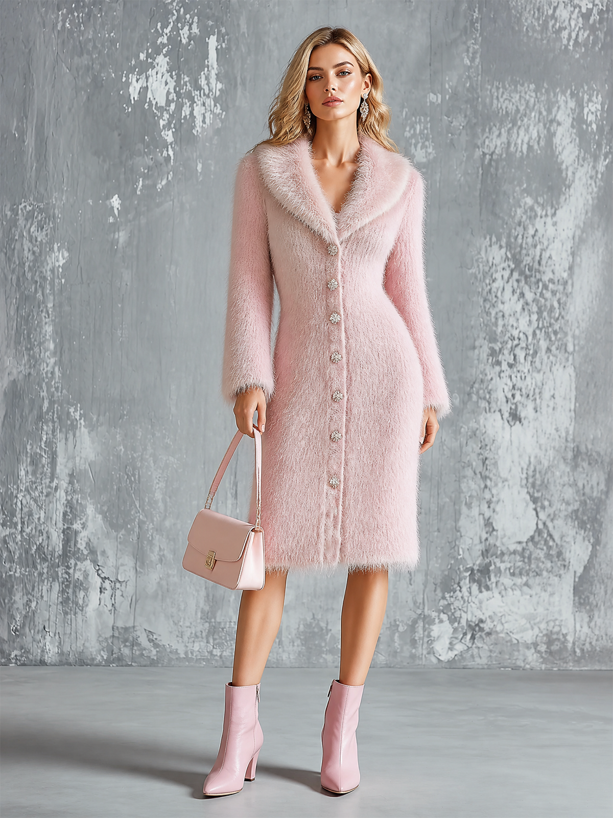 ElevenOra | Vestido midi tejido rosa corte A con solapa