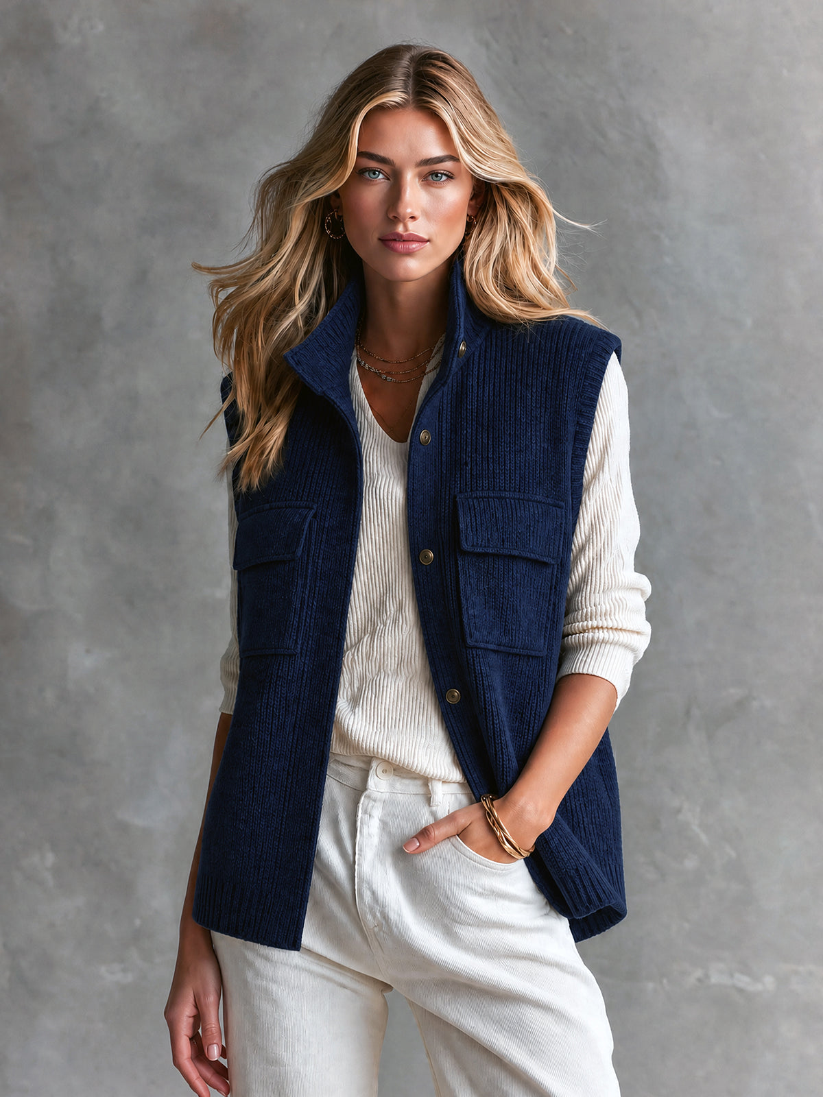 Chic Elegant – Chaleco tejido azul marino con cuello alto y bolsillos