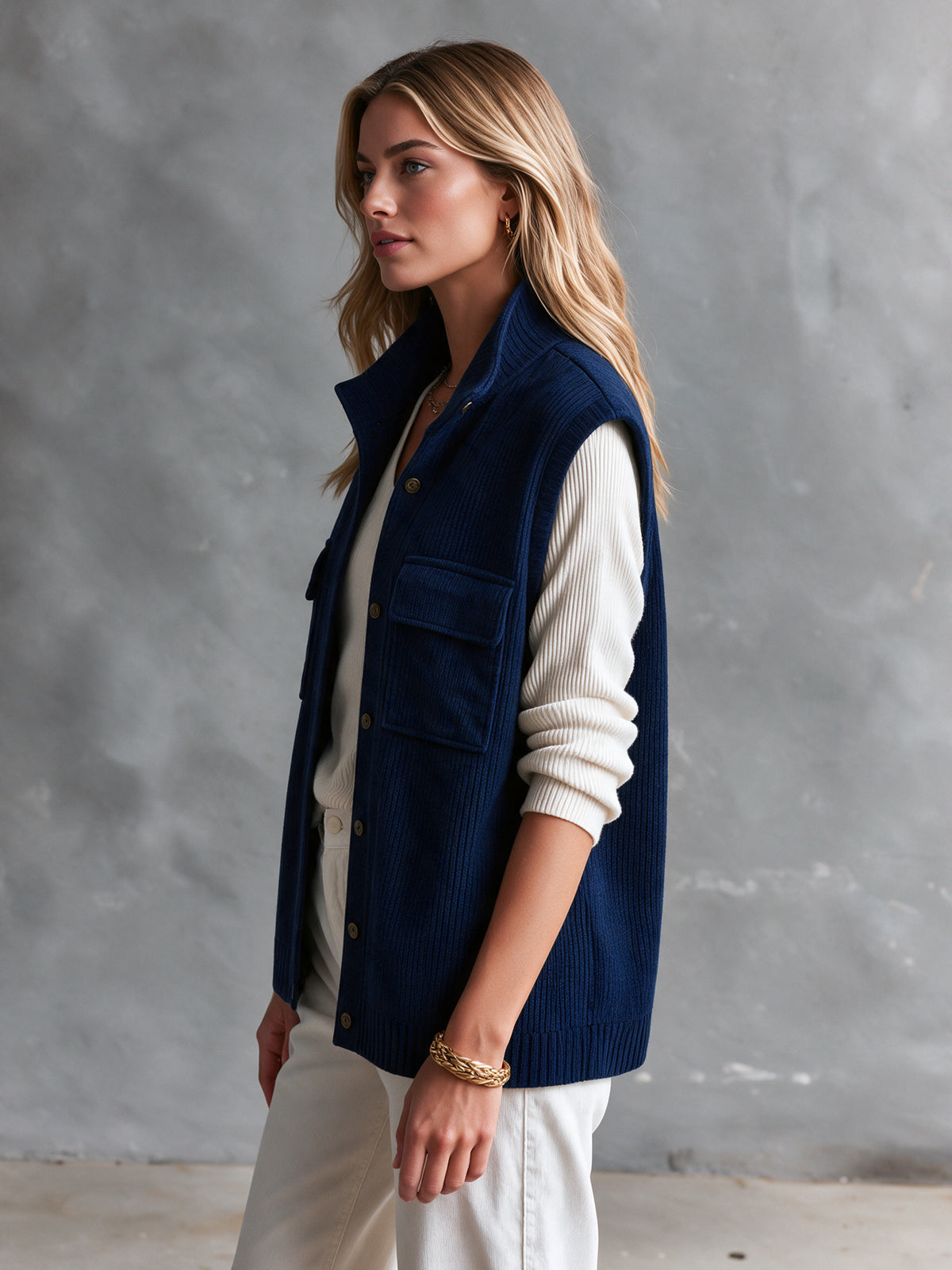 Chic Elegant – Chaleco tejido azul marino con cuello alto y bolsillos