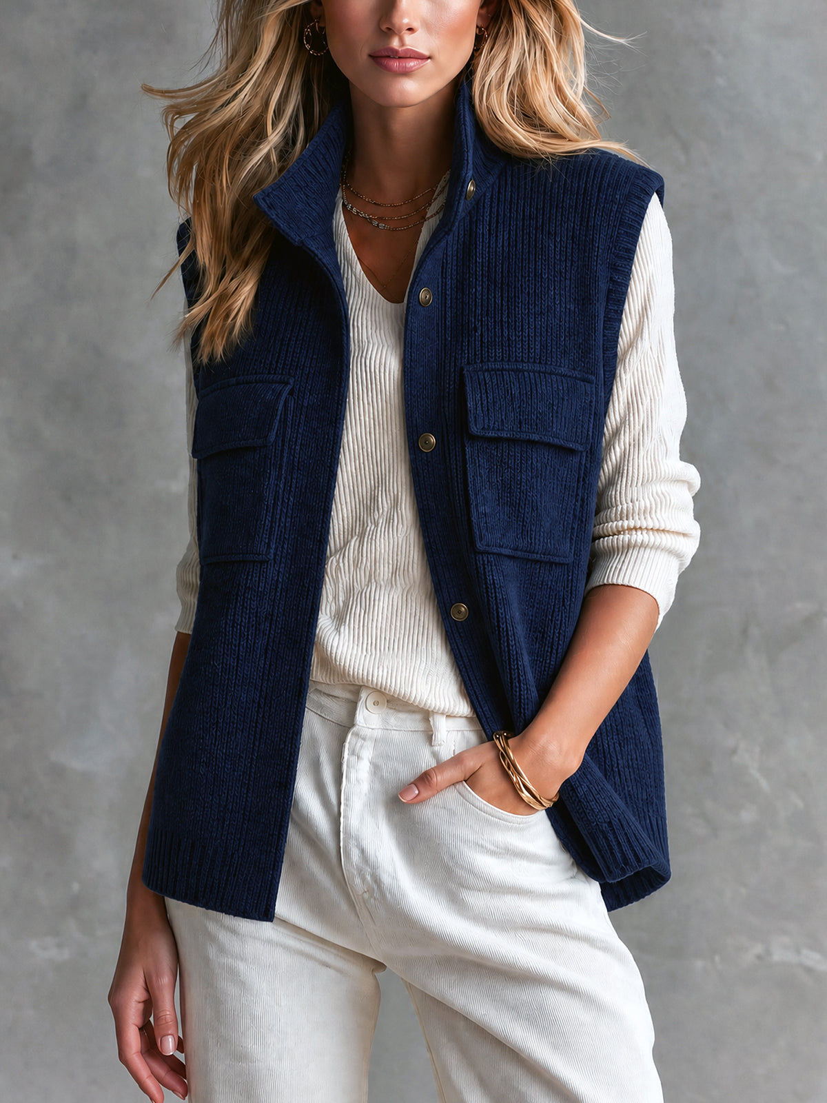Chic Elegant – Chaleco tejido azul marino con cuello alto y bolsillos