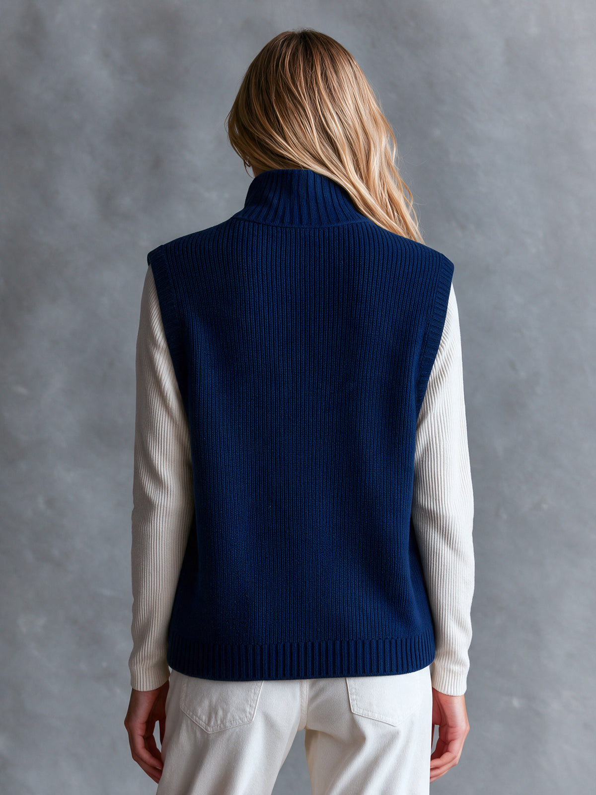 Chic Elegant – Chaleco tejido azul marino con cuello alto y bolsillos