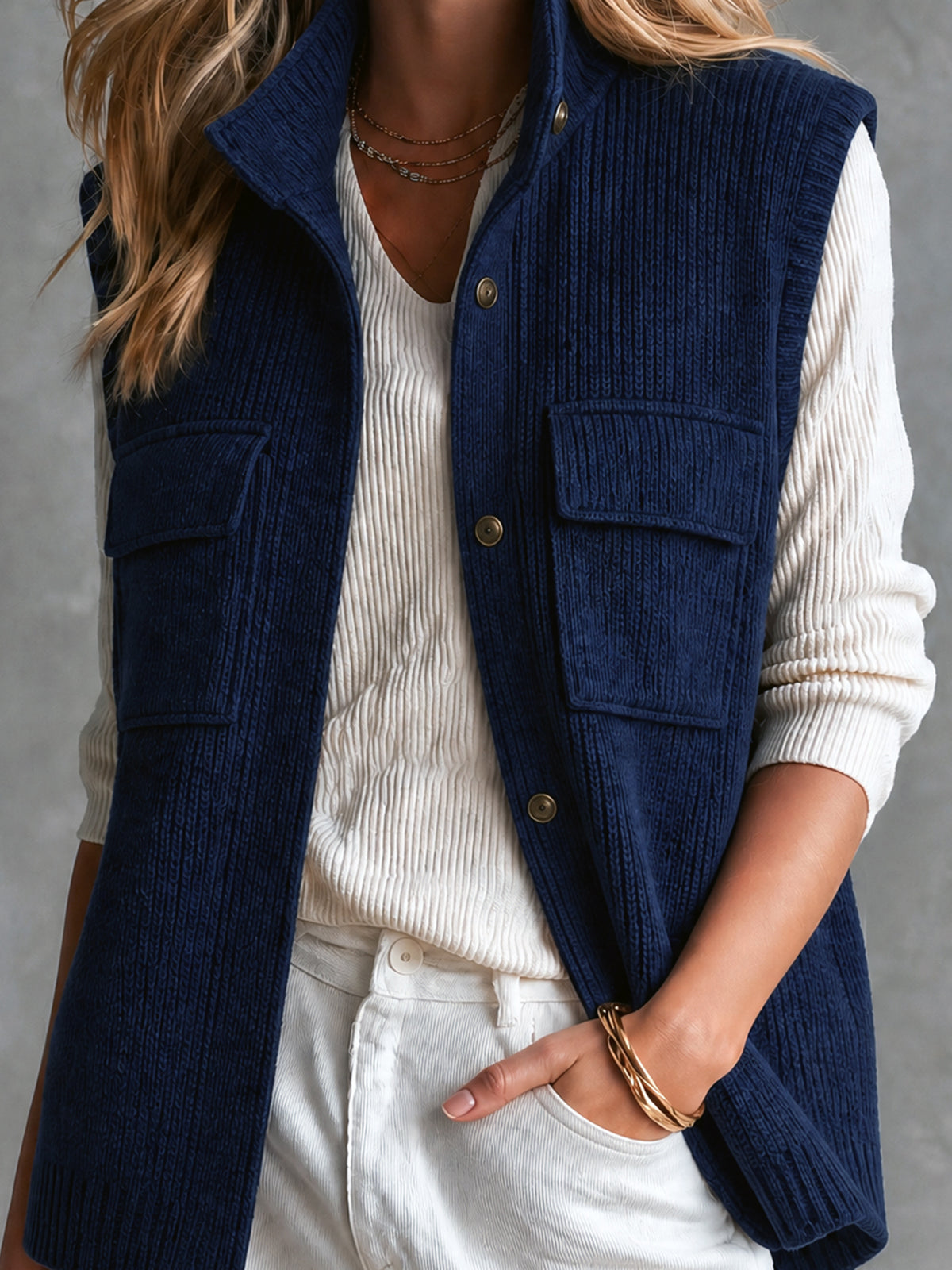 Chic Elegant – Chaleco tejido azul marino con cuello alto y bolsillos