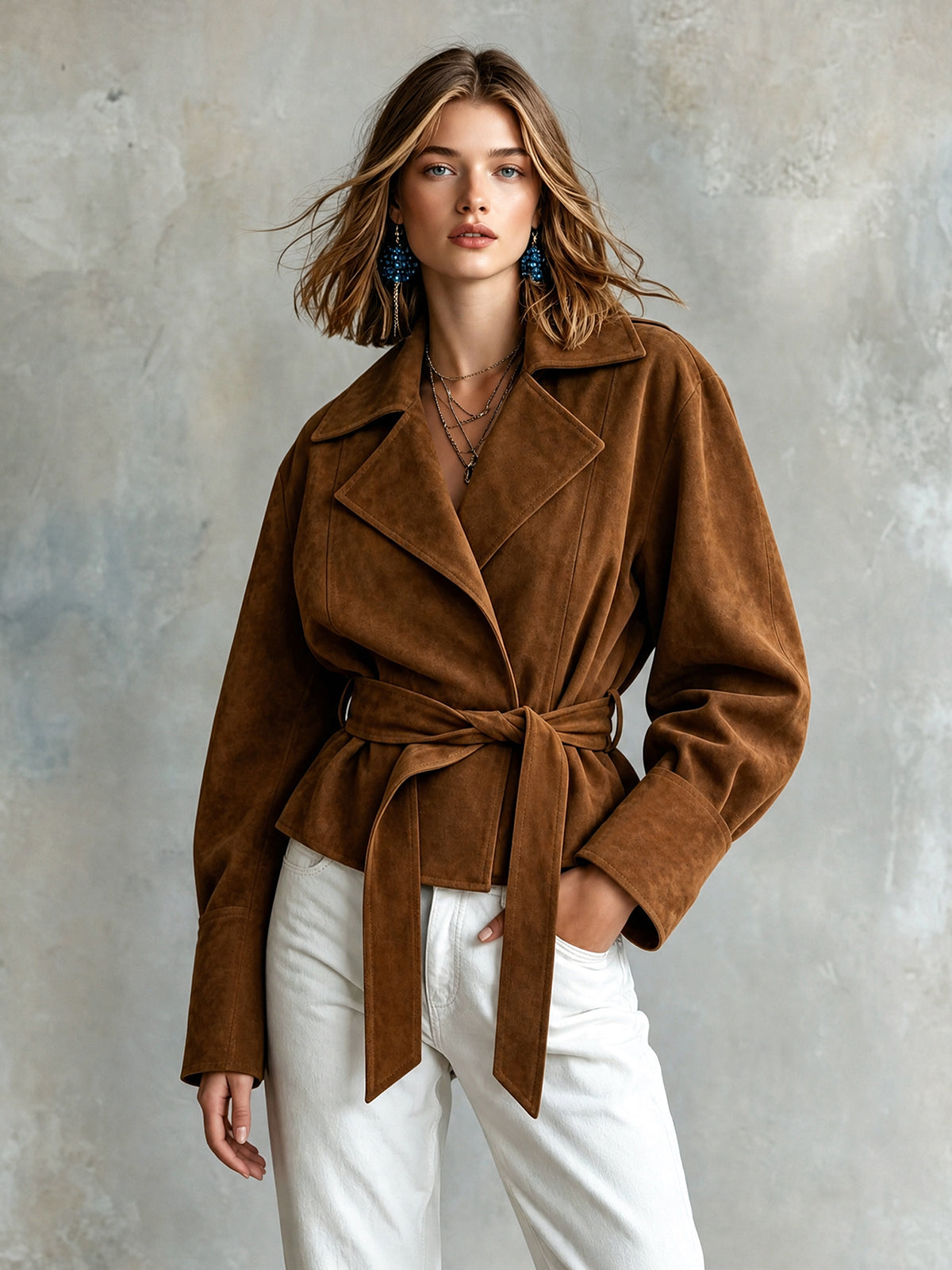 Chic Elegant – Campera marrón de ecogamuza con solapas y cinturón