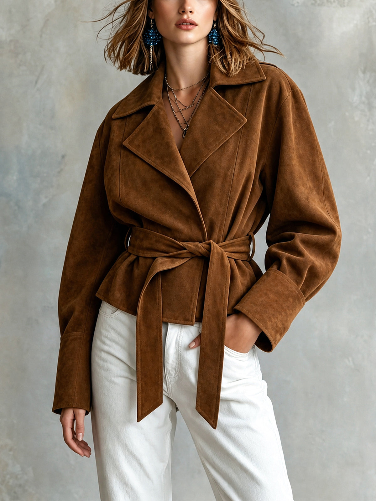 Chic Elegant – Campera marrón de ecogamuza con solapas y cinturón