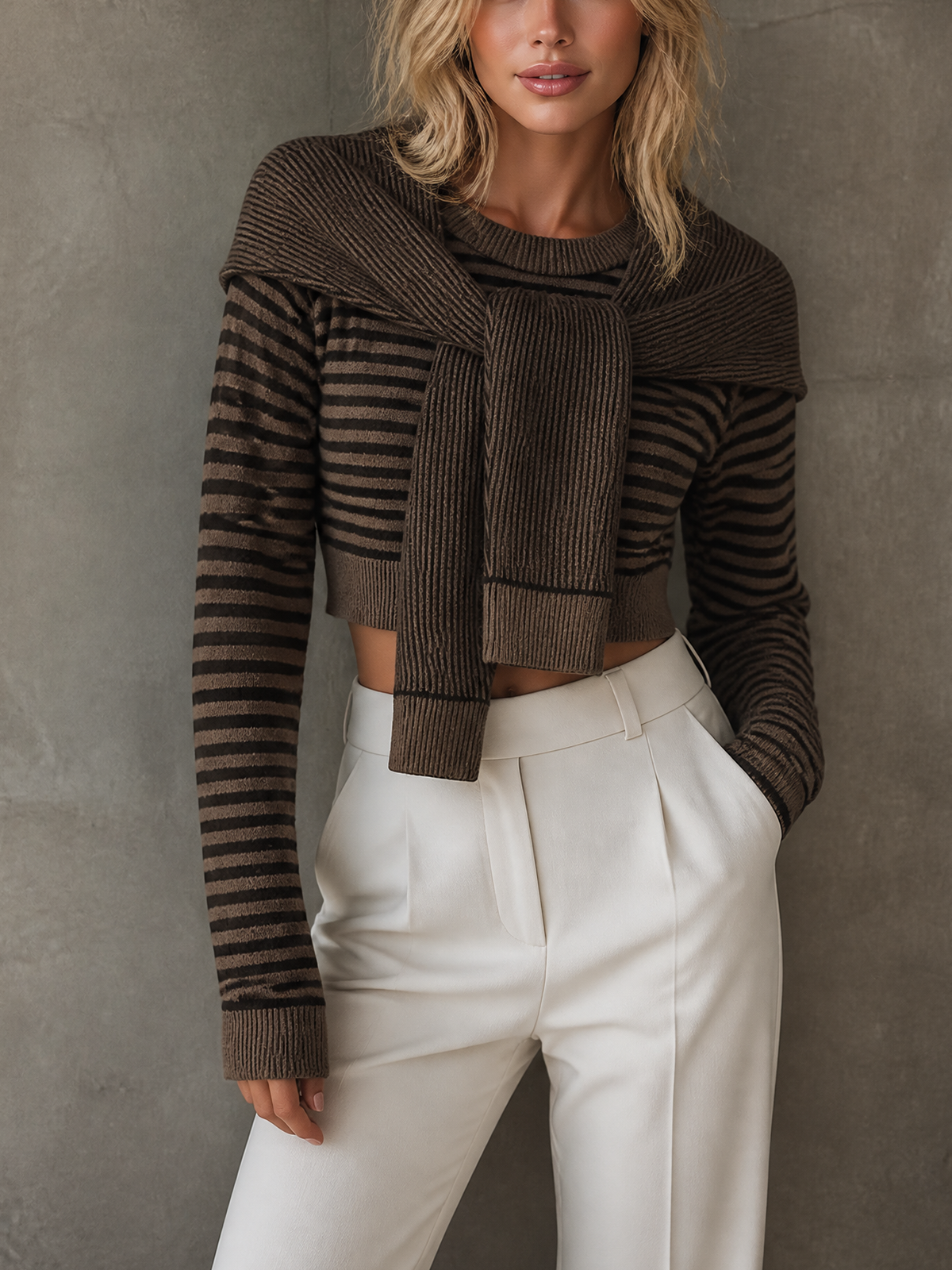 Chic Elegant – Conjunto tejido marrón a rayas con sweater corto y capa desmontable