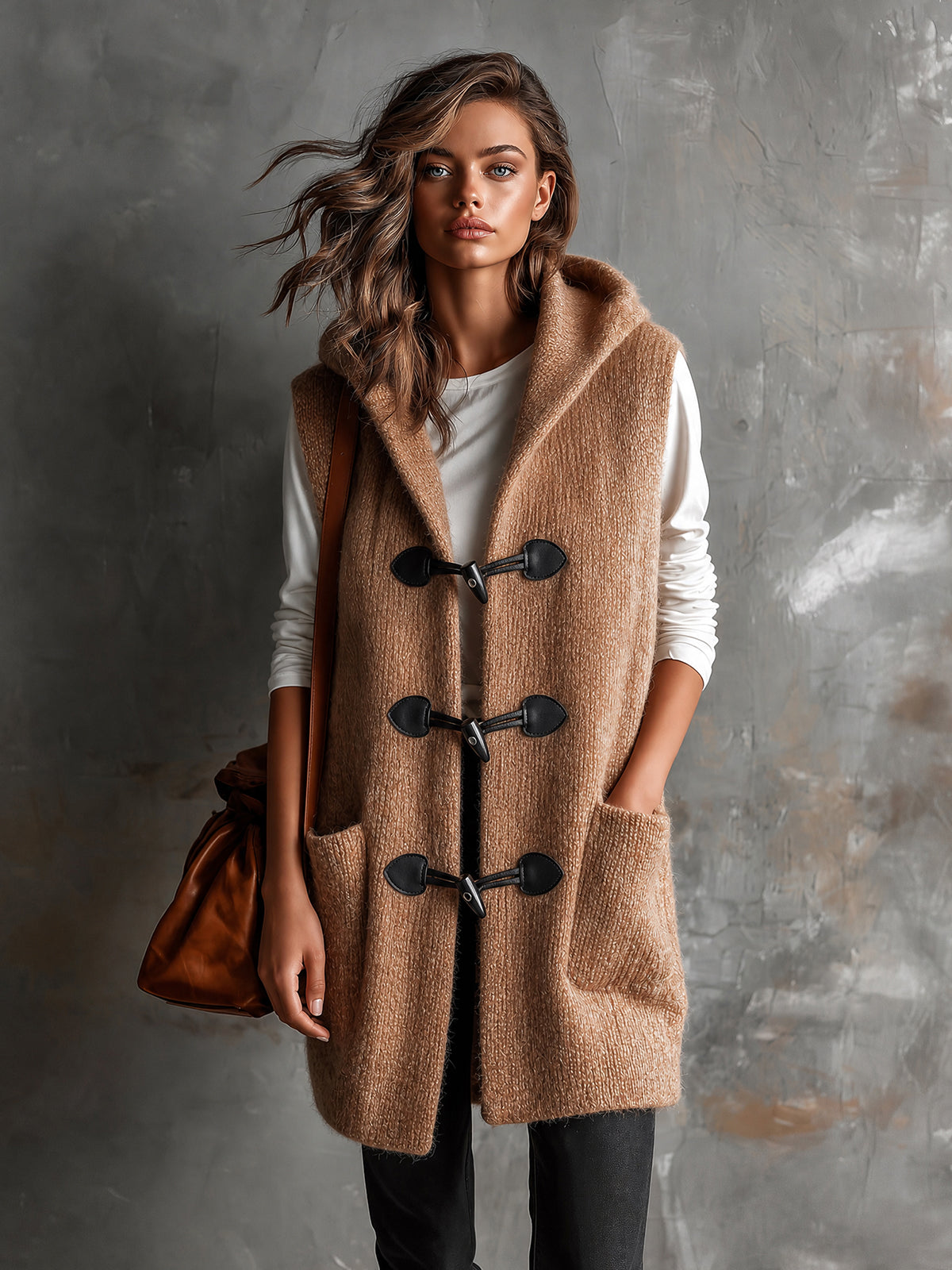 ElevenOra | Chaleco tejido camel con capucha y botones de madera