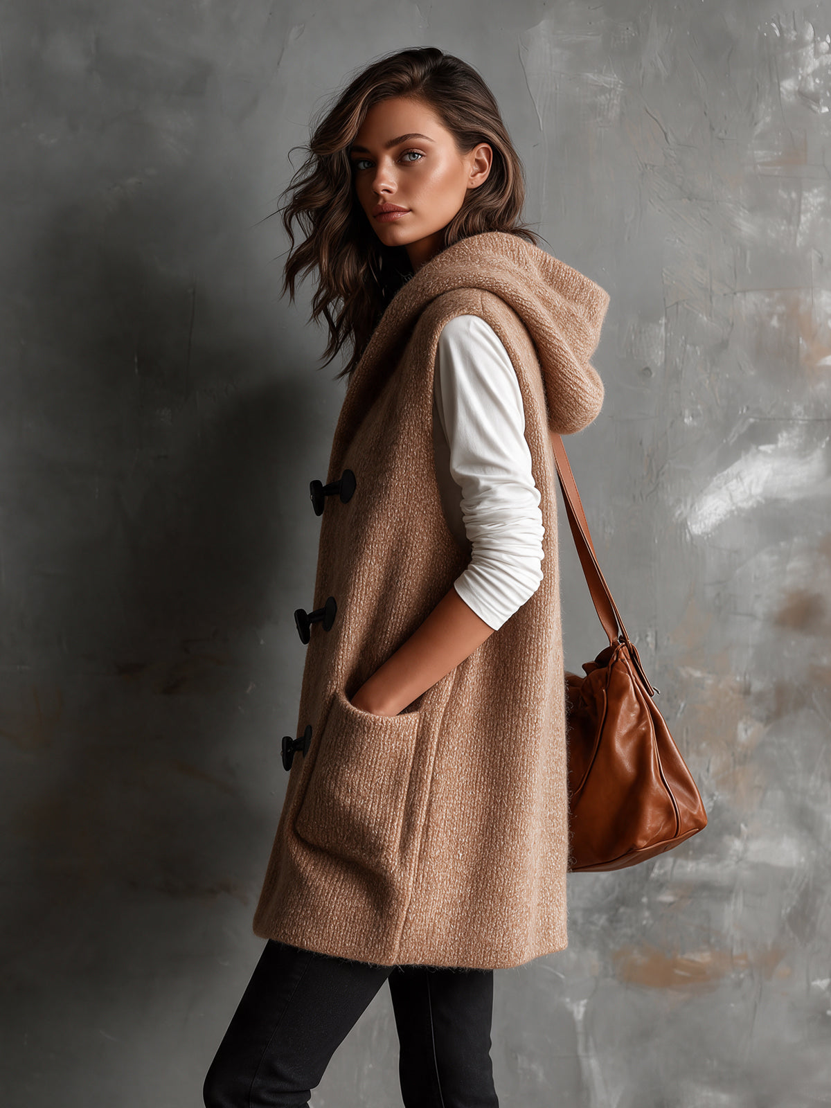 ElevenOra | Chaleco tejido camel con capucha y botones de madera