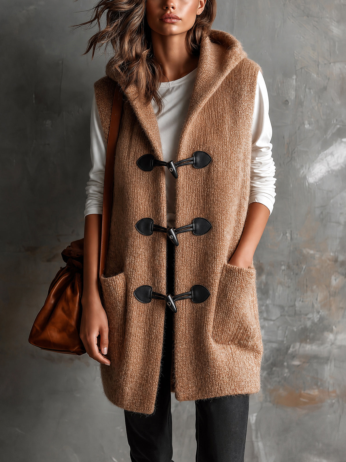 ElevenOra | Chaleco tejido camel con capucha y botones de madera
