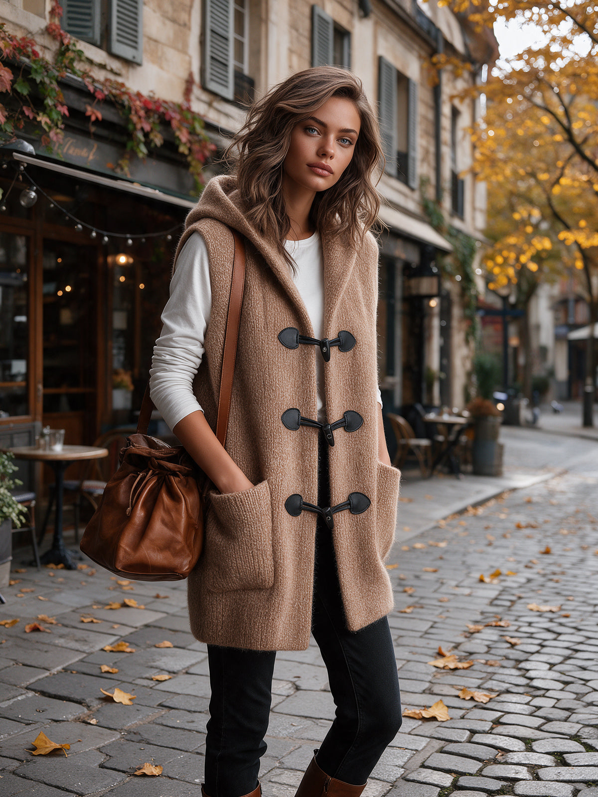 ElevenOra | Chaleco tejido camel con capucha y botones de madera