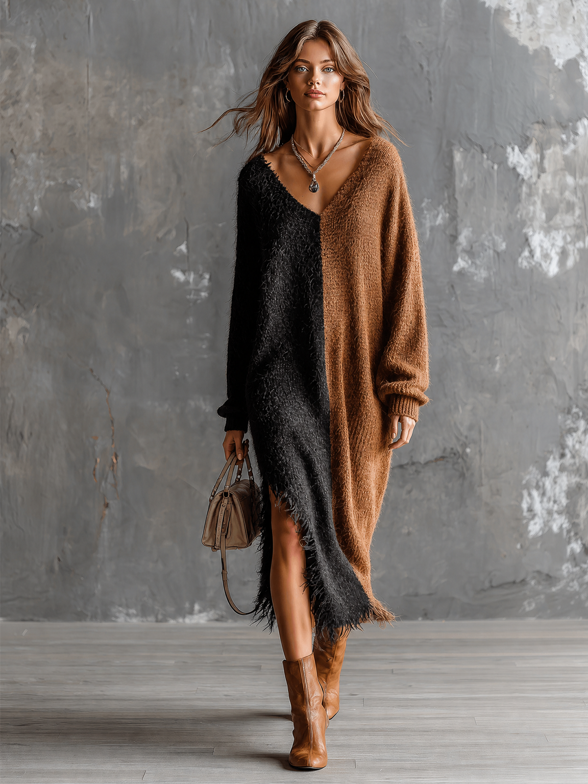 ElevenOra | Vestido maxi tejido negro y marrón con flecos y tajo