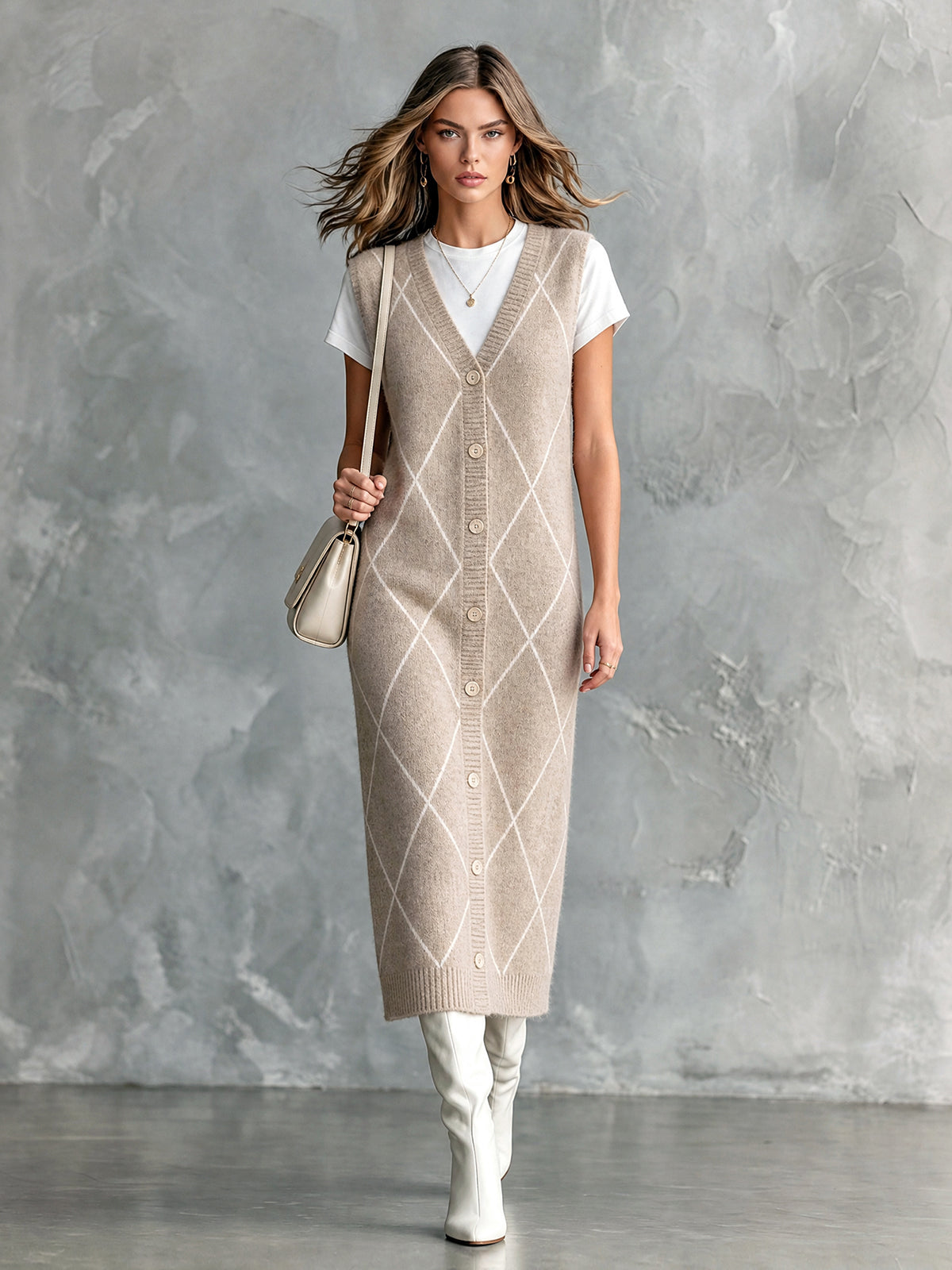 ElevenOra | Vestido midi tejido avena con jacquard argyle