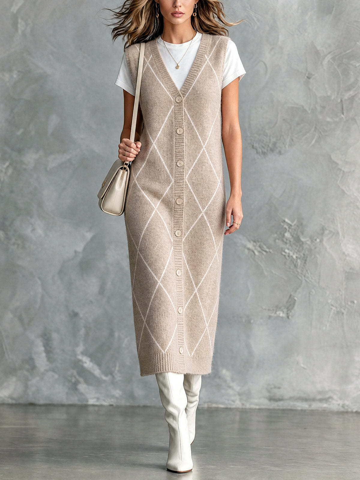 ElevenOra | Vestido midi tejido avena con jacquard argyle