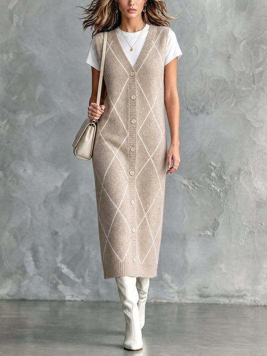 ElevenOra | Vestido midi tejido avena con jacquard argyle