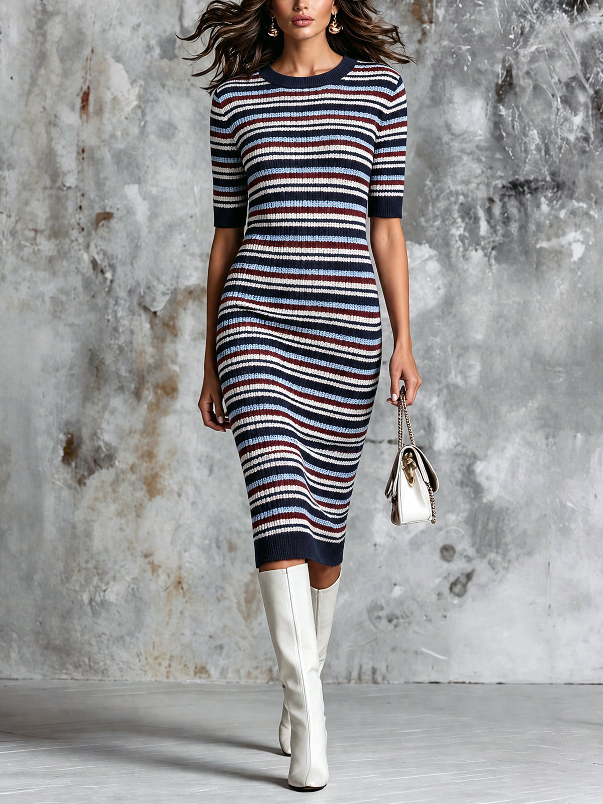ElevenOra | Vestido midi tejido a rayas azul, bordó y blanco