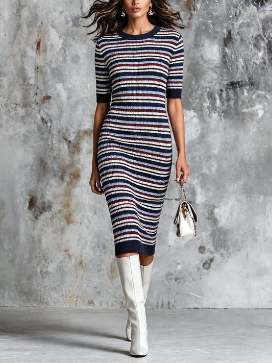 ElevenOra | Vestido midi tejido a rayas azul, bordó y blanco
