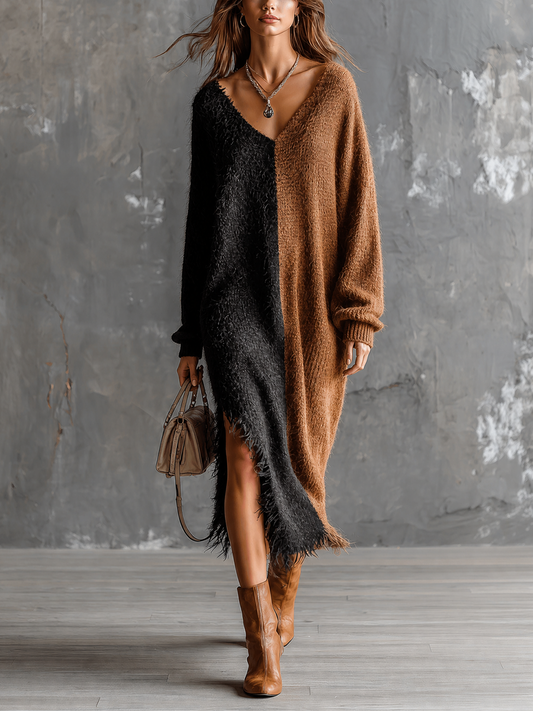 ElevenOra | Vestido maxi tejido negro y marrón con flecos y tajo