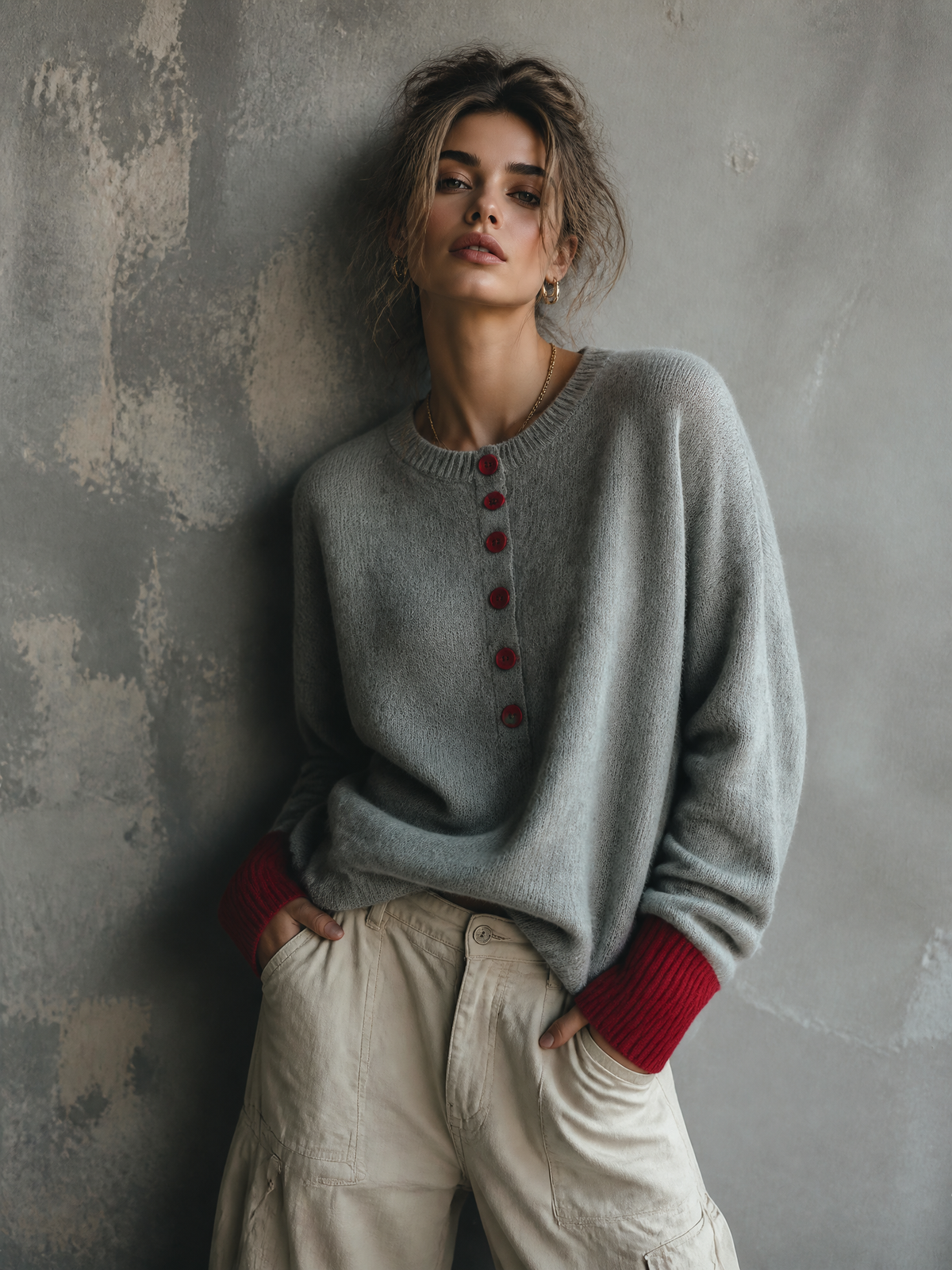 ElevenOra | Sweater tejido gris jaspeado con botones en contraste