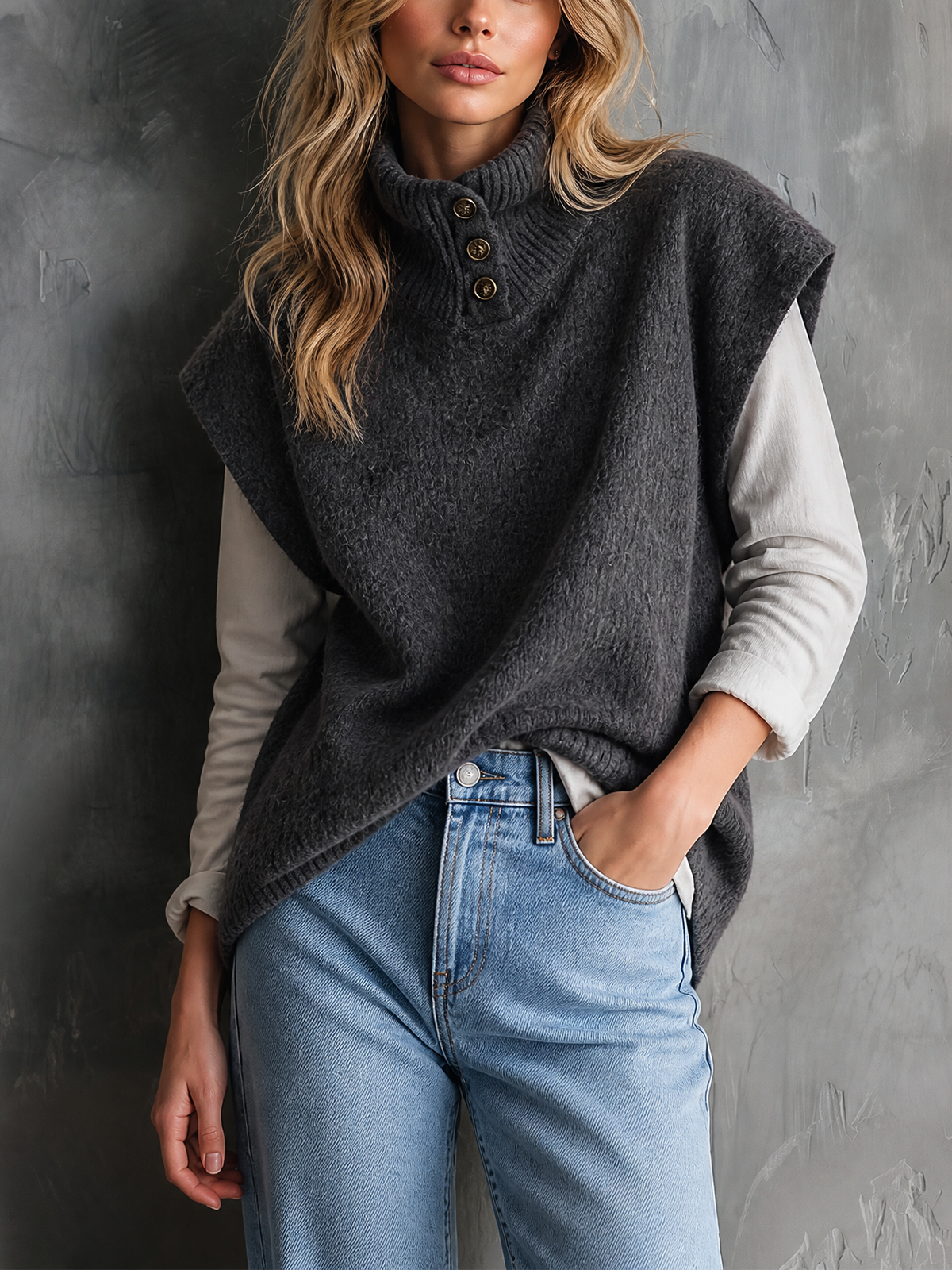 ElevenOra | Chaleco tejido gris oscuro con cuello alto y botones