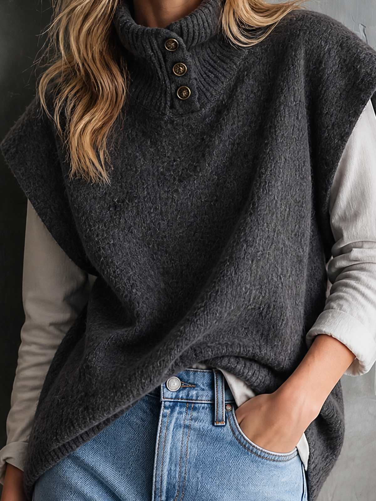 ElevenOra | Chaleco tejido gris oscuro con cuello alto y botones
