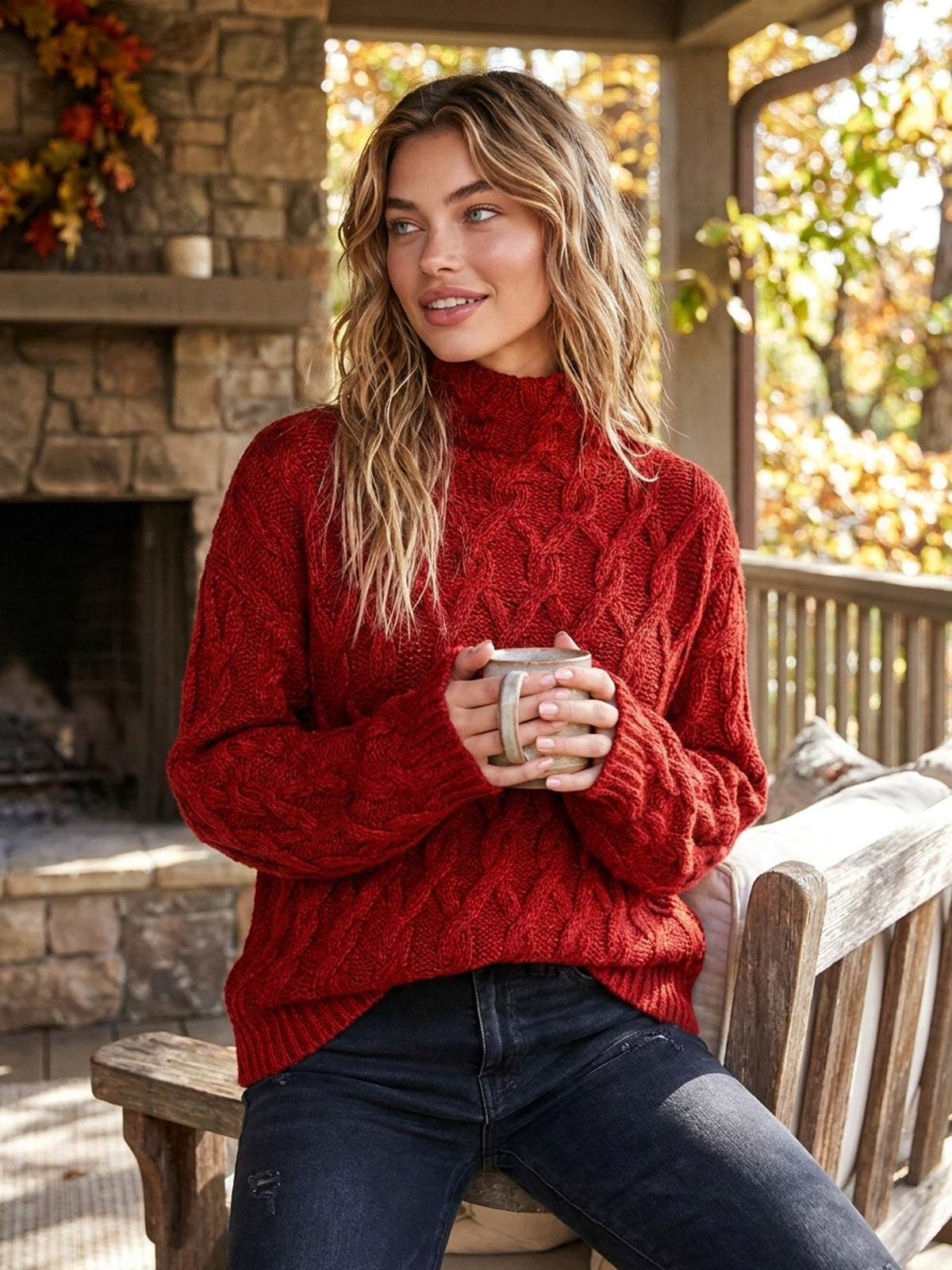 ElevenOra | Sweater tejido rojo con trenzas y cuello mock