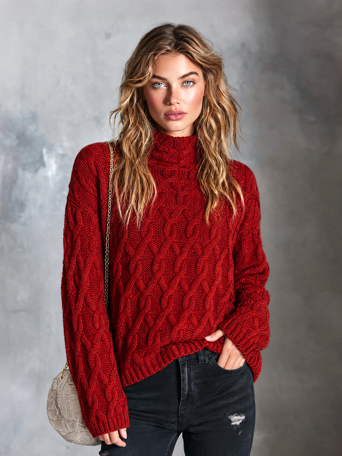 ElevenOra | Sweater tejido rojo con trenzas y cuello mock