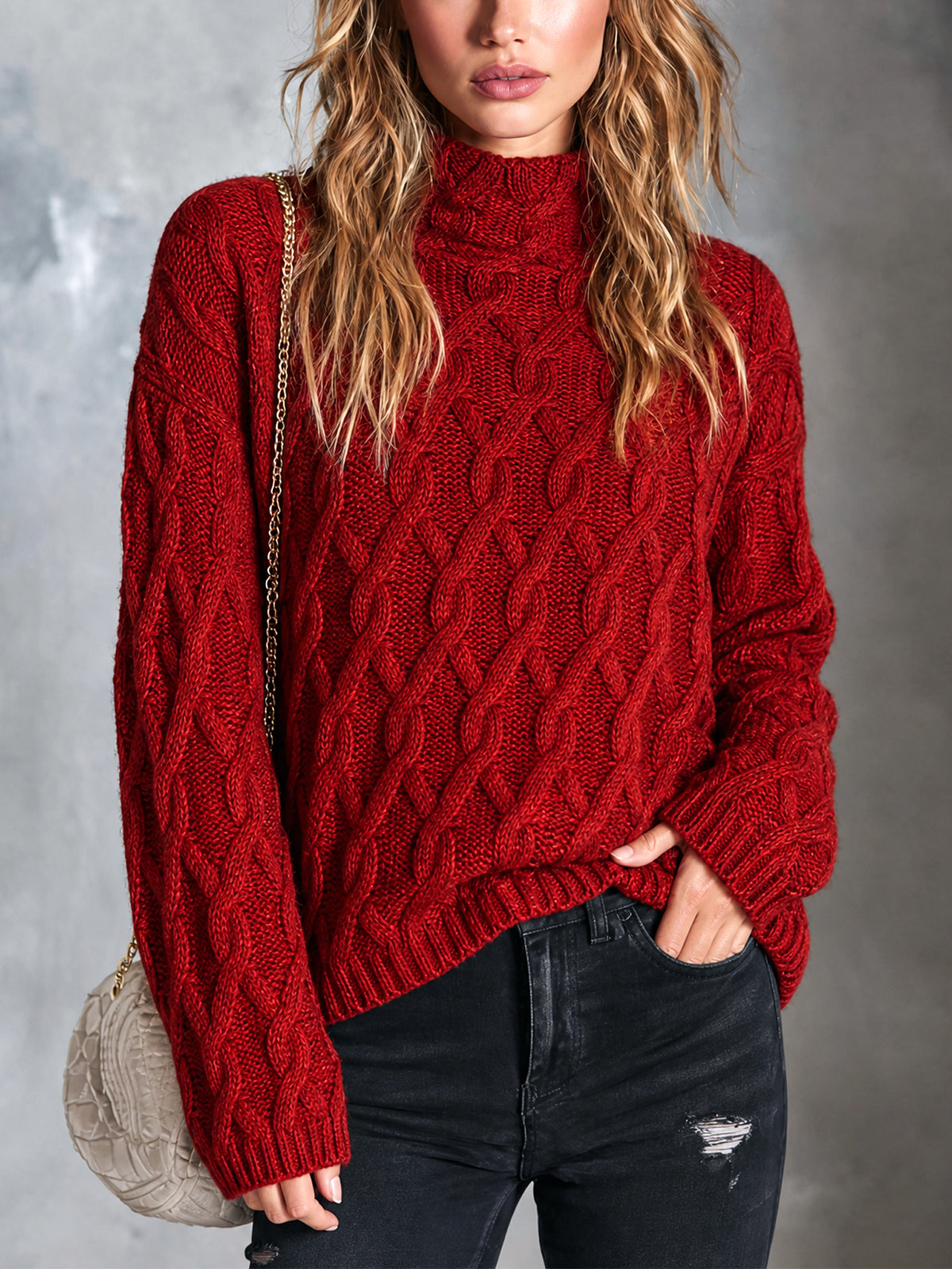 ElevenOra | Sweater tejido rojo con trenzas y cuello mock