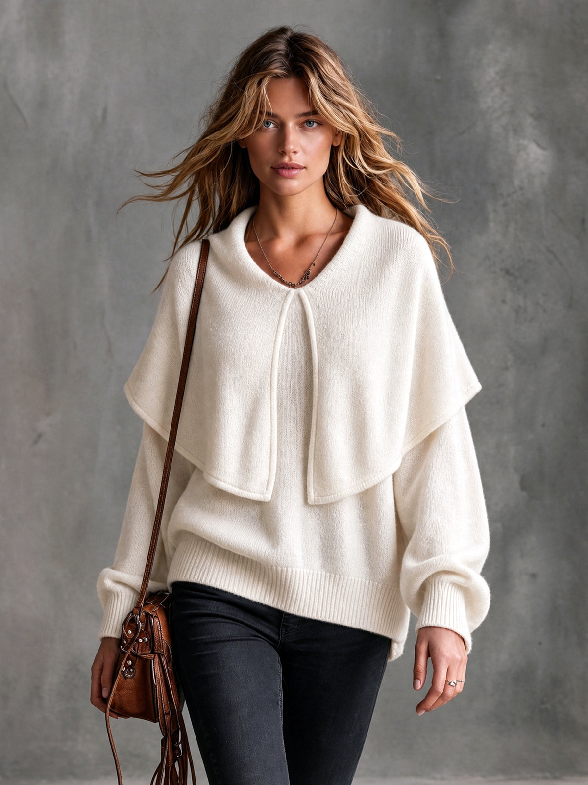 ElevenOra | Sweater tejido beige con solapa amplia y mangas farol