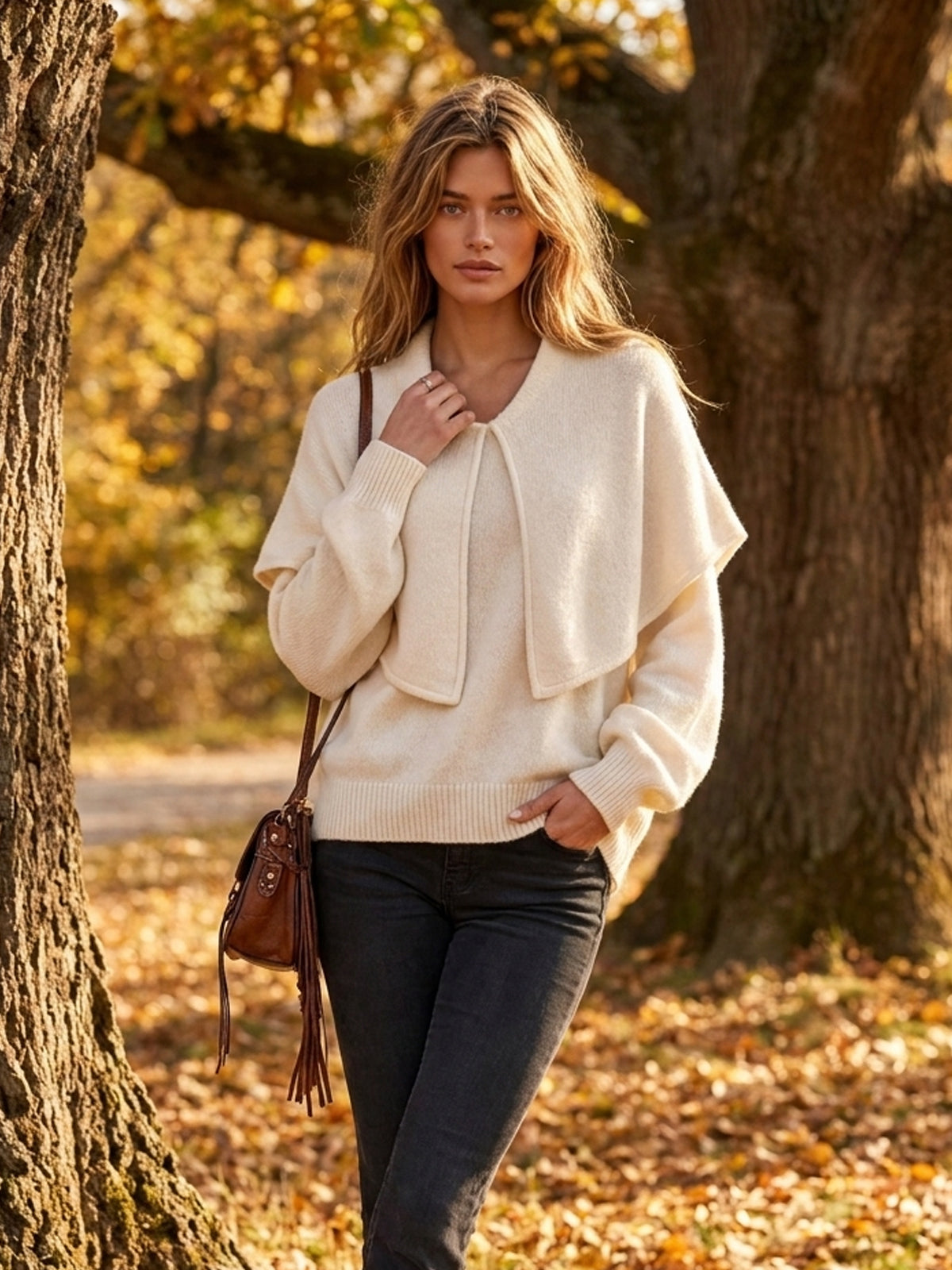 ElevenOra | Sweater tejido beige con solapa amplia y mangas farol
