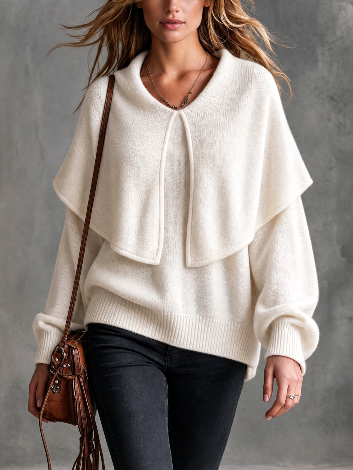 ElevenOra | Sweater tejido beige con solapa amplia y mangas farol