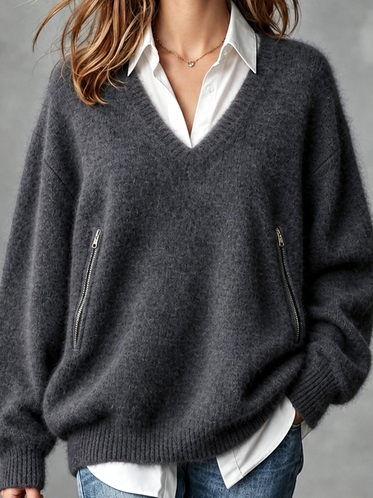 ElevenOra | Sweater tejido gris de mezcla de mohair con bolsillos
