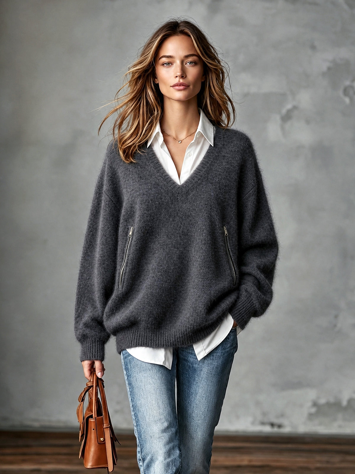 ElevenOra | Sweater tejido gris de mezcla de mohair con bolsillos