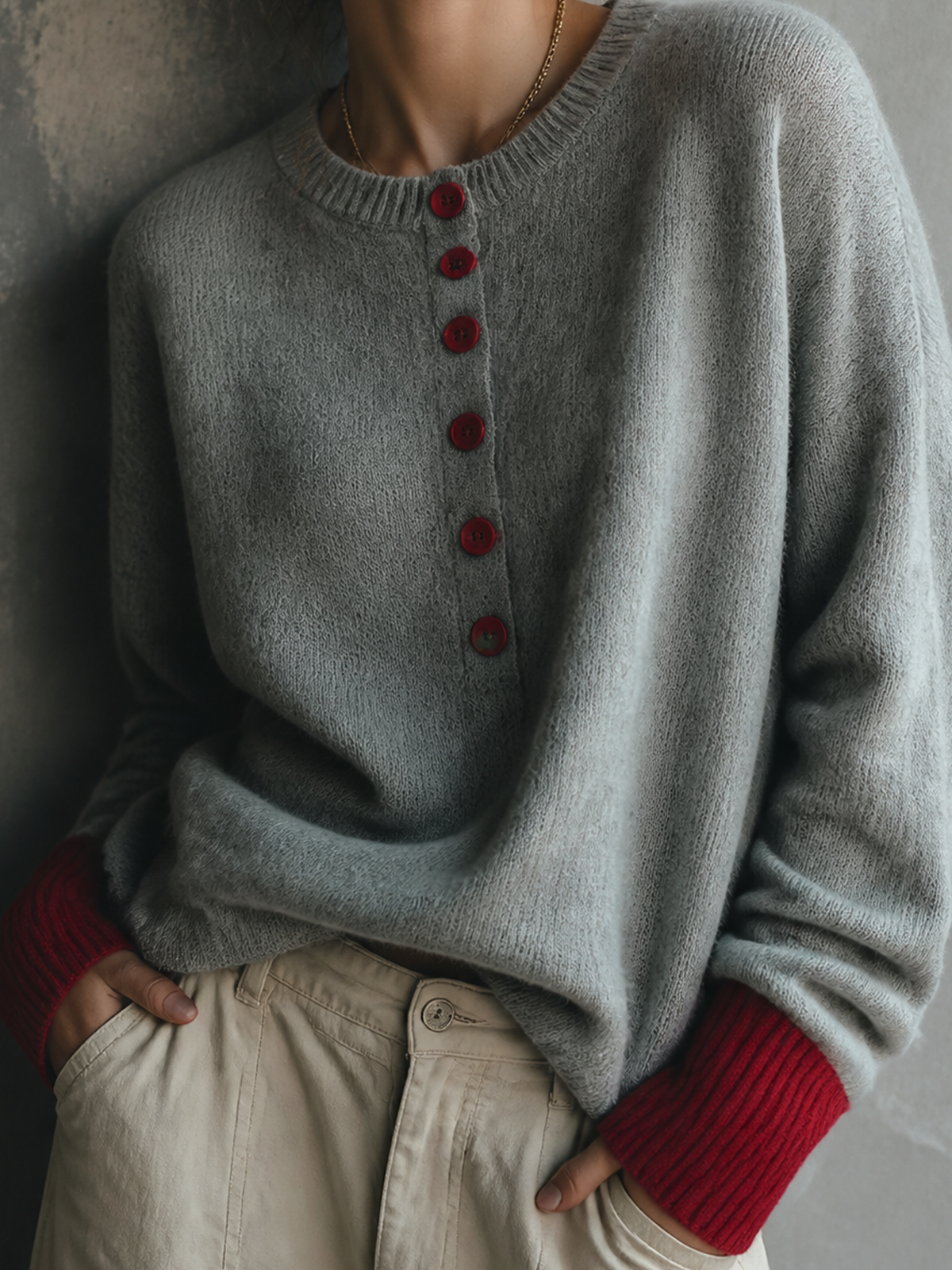ElevenOra | Sweater tejido gris jaspeado con botones en contraste