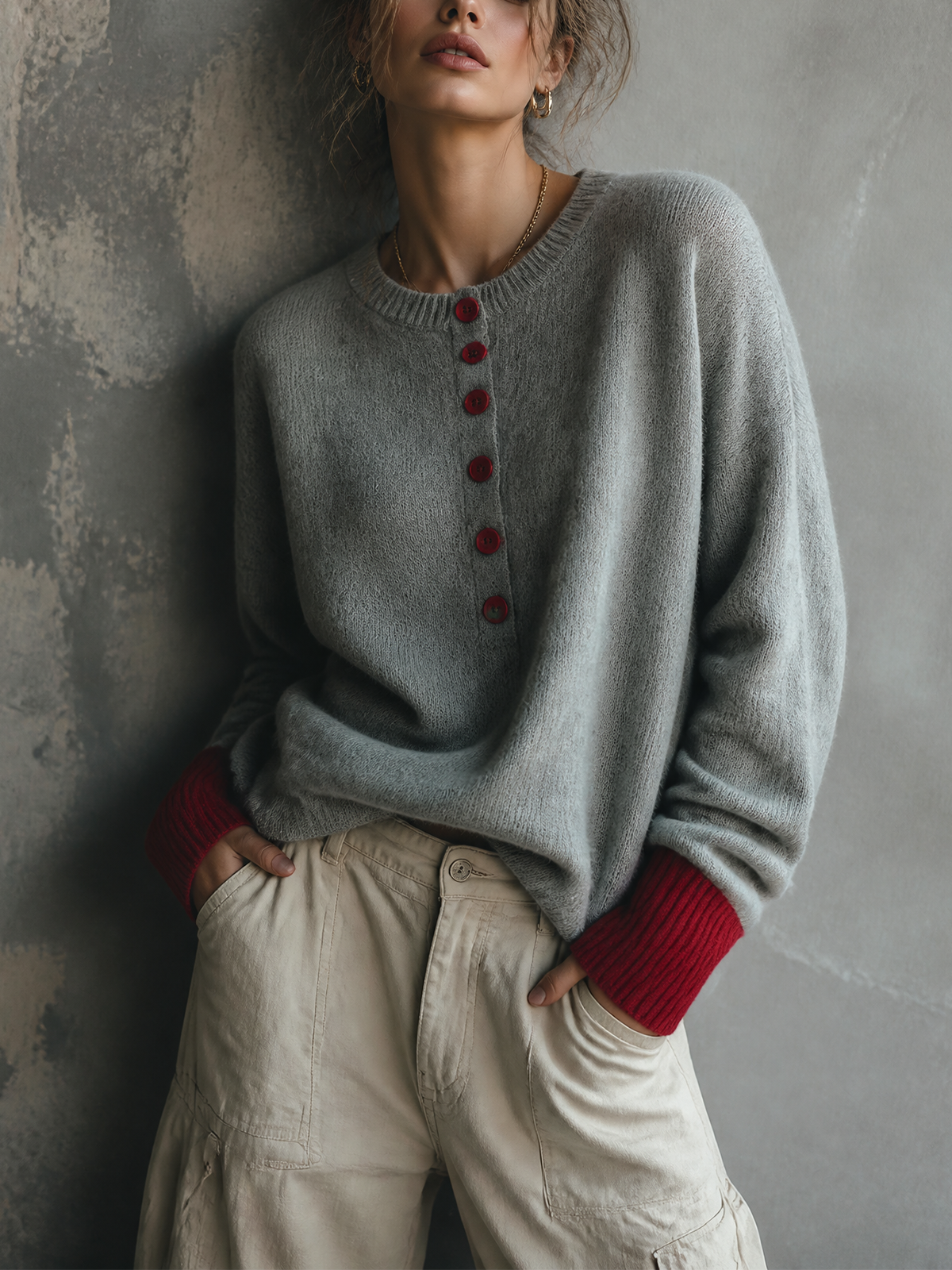 ElevenOra | Sweater tejido gris jaspeado con botones en contraste