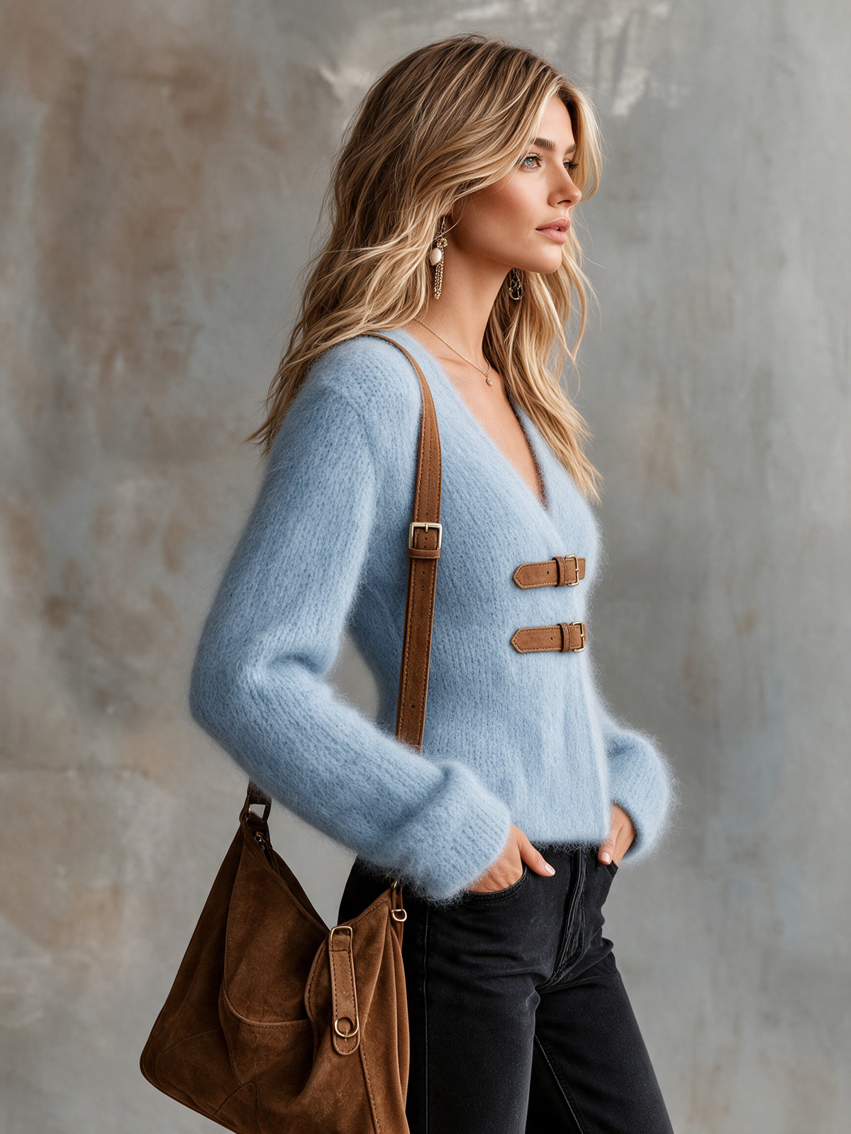 ElevenOra | Cárdigan de mohair celeste con escote en V