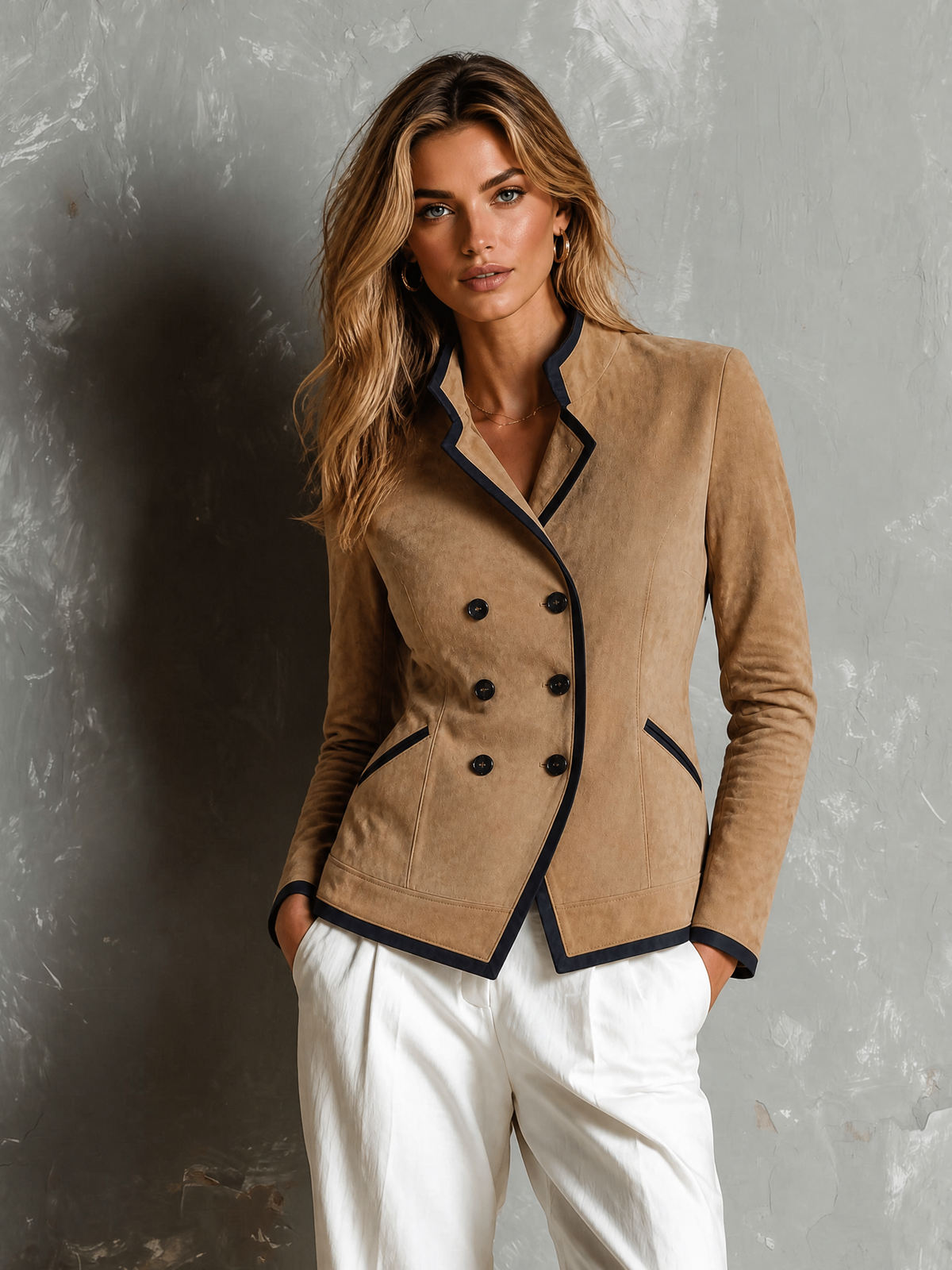ElevenOra | Campera camel de gamuza sintética con doble botonadura