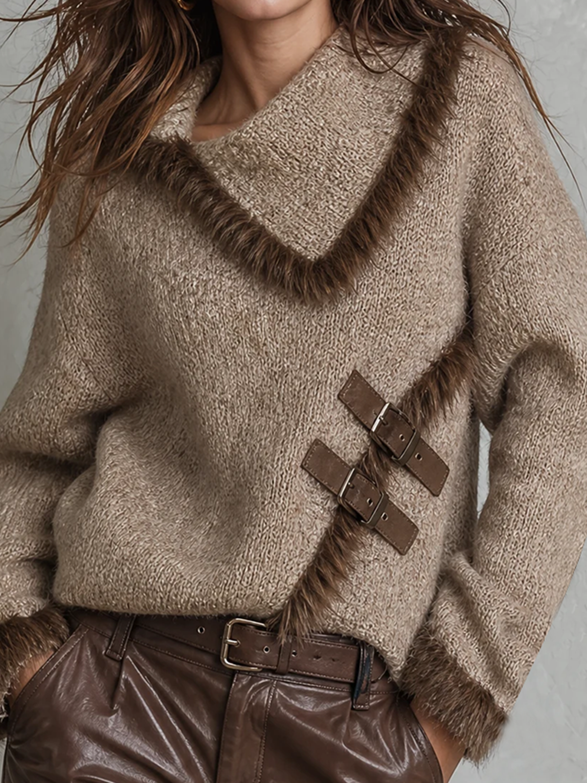 ElevenOra | Sweater tejido topo claro con cuello asimétrico y hebilla