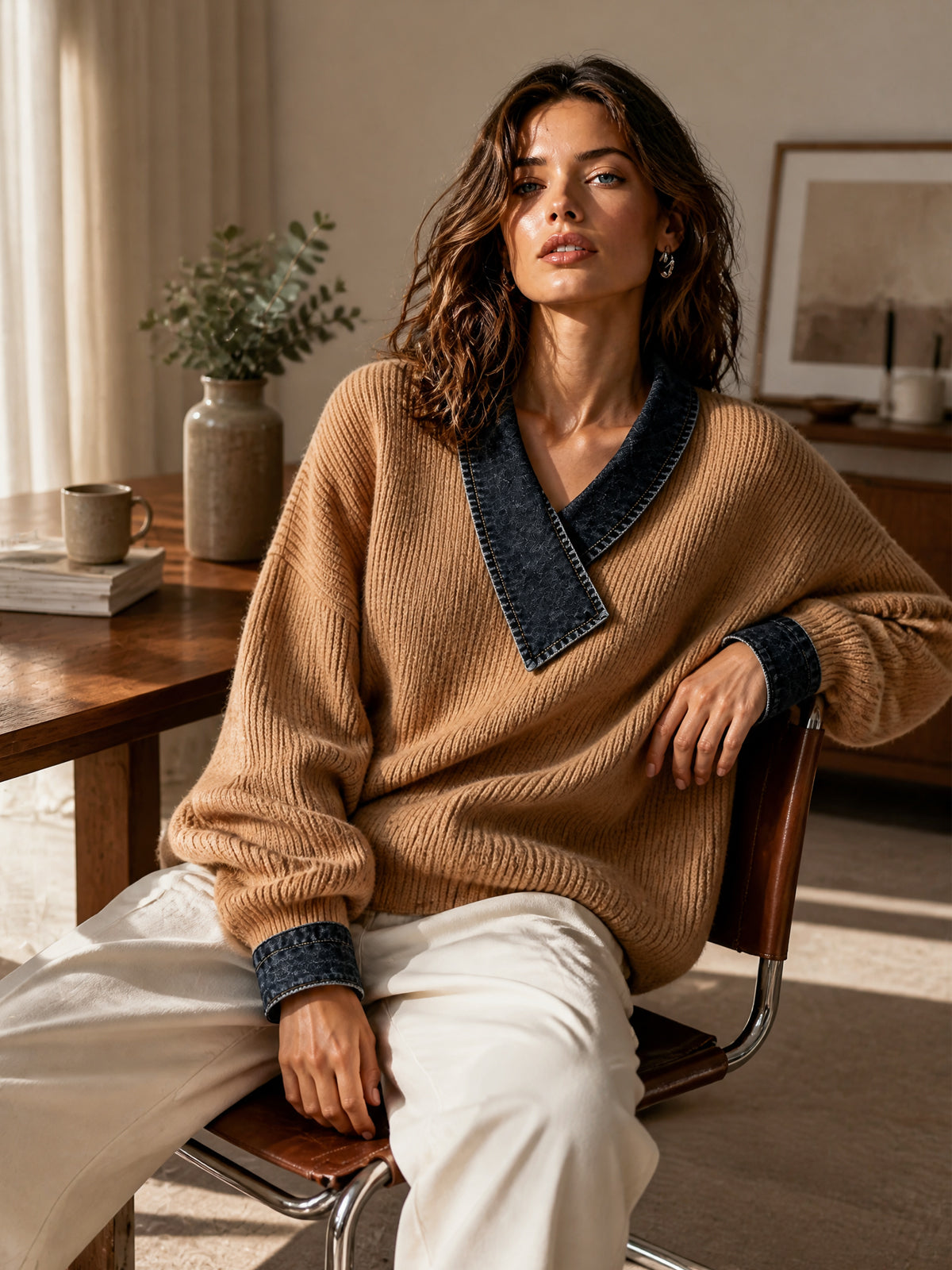 ElevenOra | Sweater tejido camel con detalles de denim