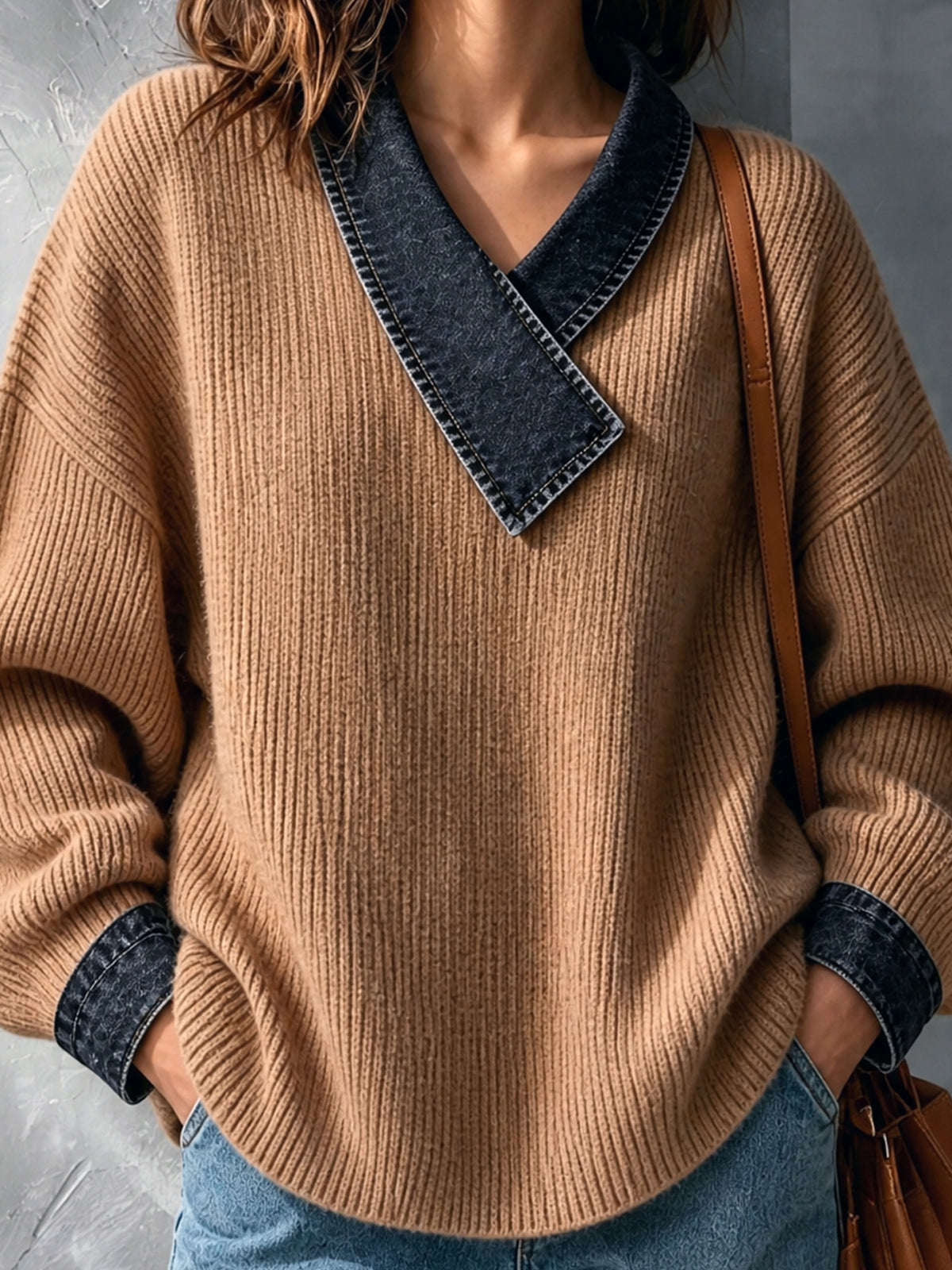 ElevenOra | Sweater tejido camel con detalles de denim