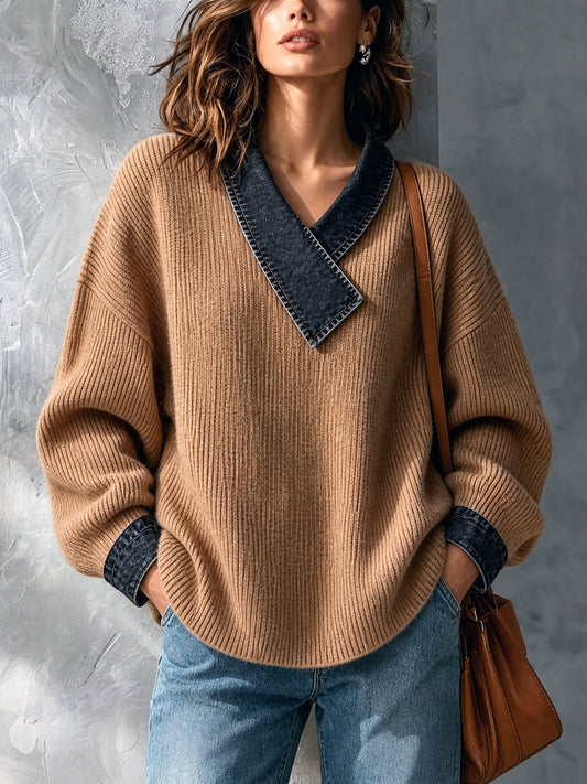 ElevenOra | Sweater tejido camel con detalles de denim