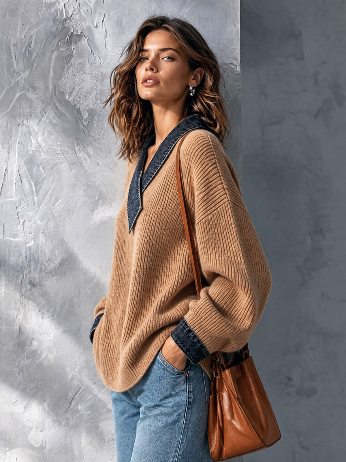 ElevenOra | Sweater tejido camel con detalles de denim