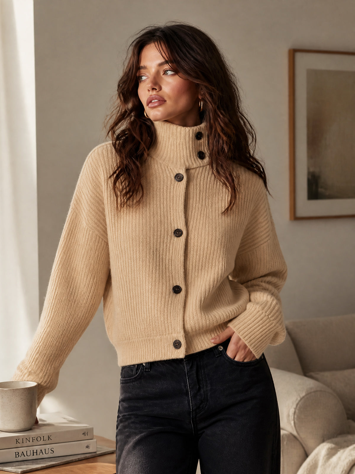 ElevenOra | Cárdigan tejido camel con cuello mao y botonadura