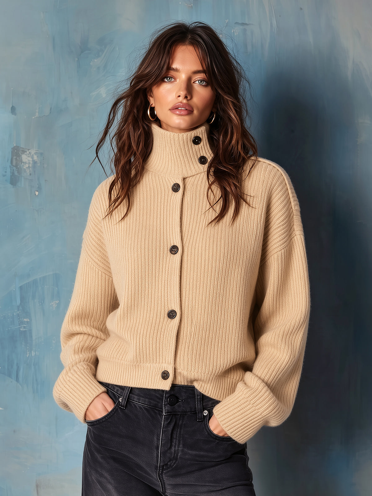 ElevenOra | Cárdigan tejido camel con cuello mao y botonadura