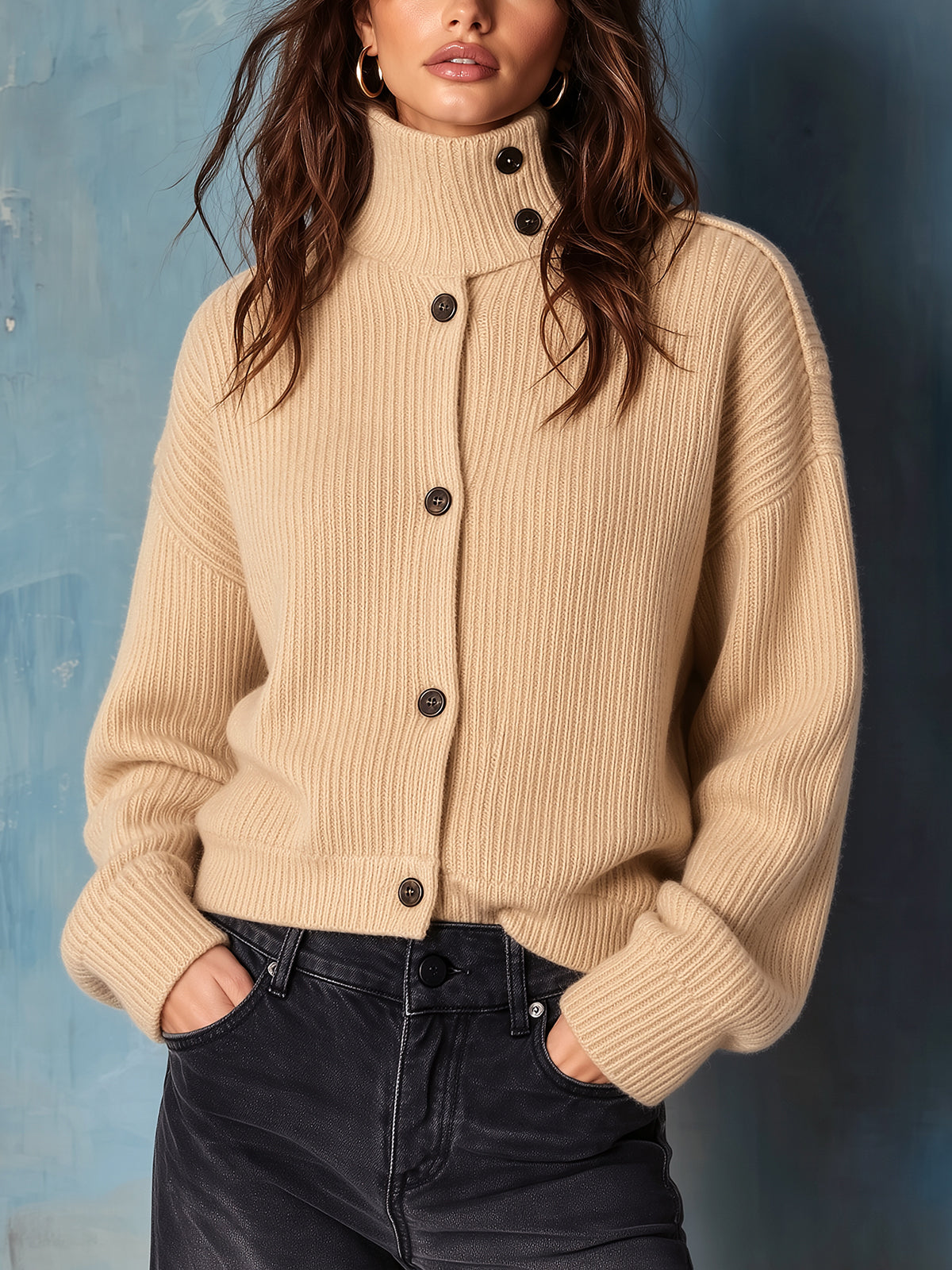 ElevenOra | Cárdigan tejido camel con cuello mao y botonadura