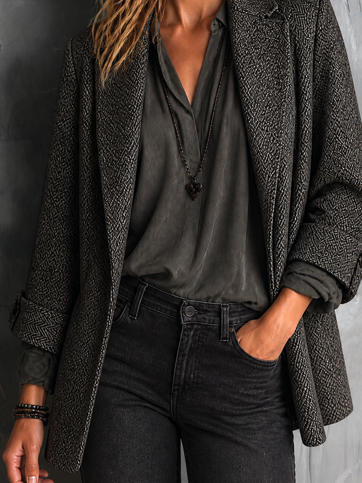 ElevenOra | Blazer de tweed espigado gris oscuro con solapa