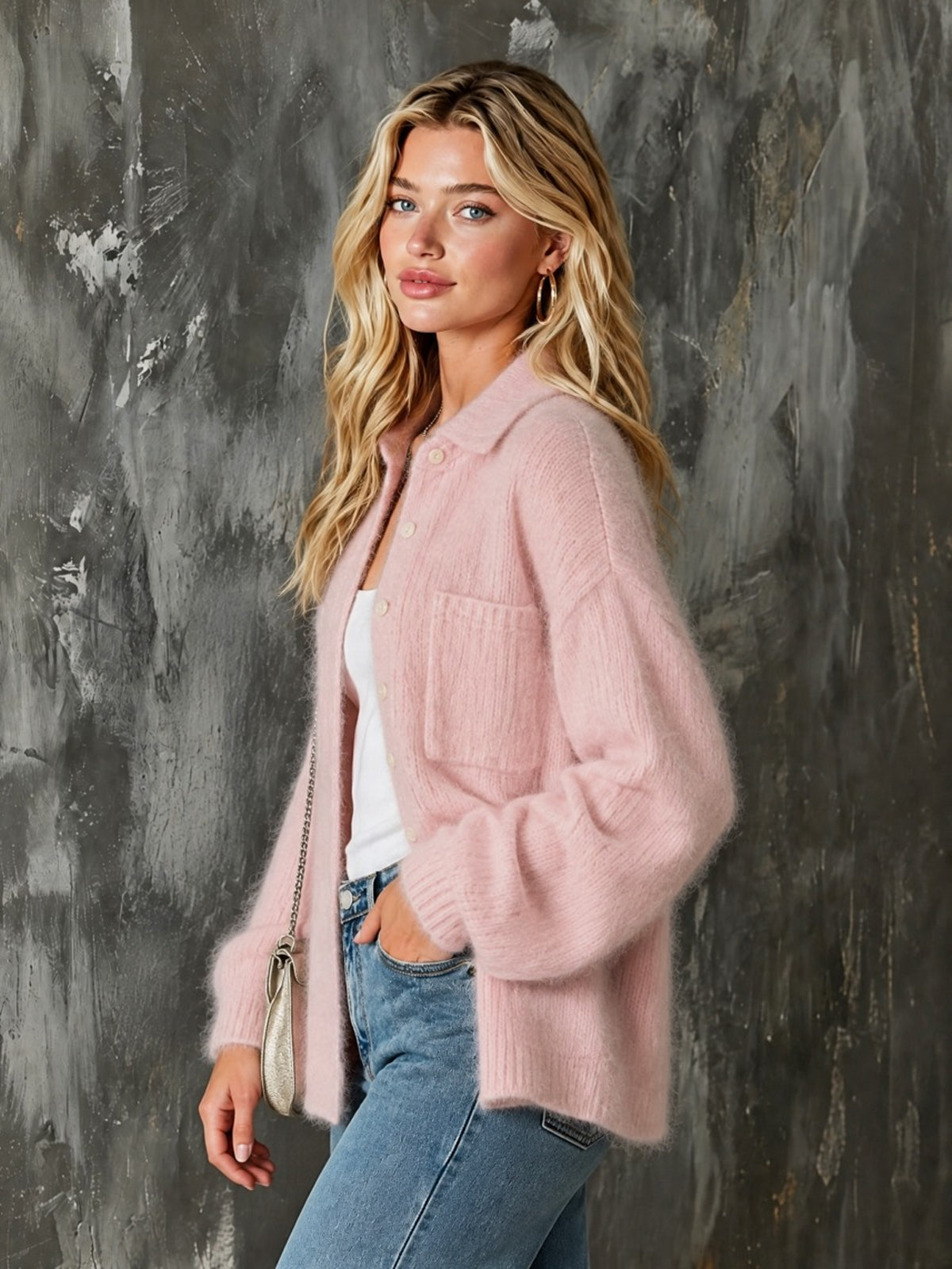 ElevenOra | Cárdigan de mohair rosa con solapa y bolsillos