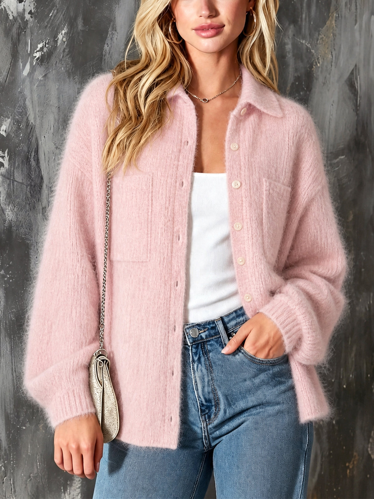 ElevenOra | Cárdigan de mohair rosa con solapa y bolsillos