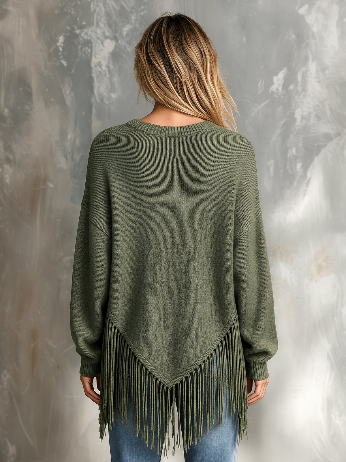 ElevenOra | Sweater tejido verde militar de mezcla de lana con flecos