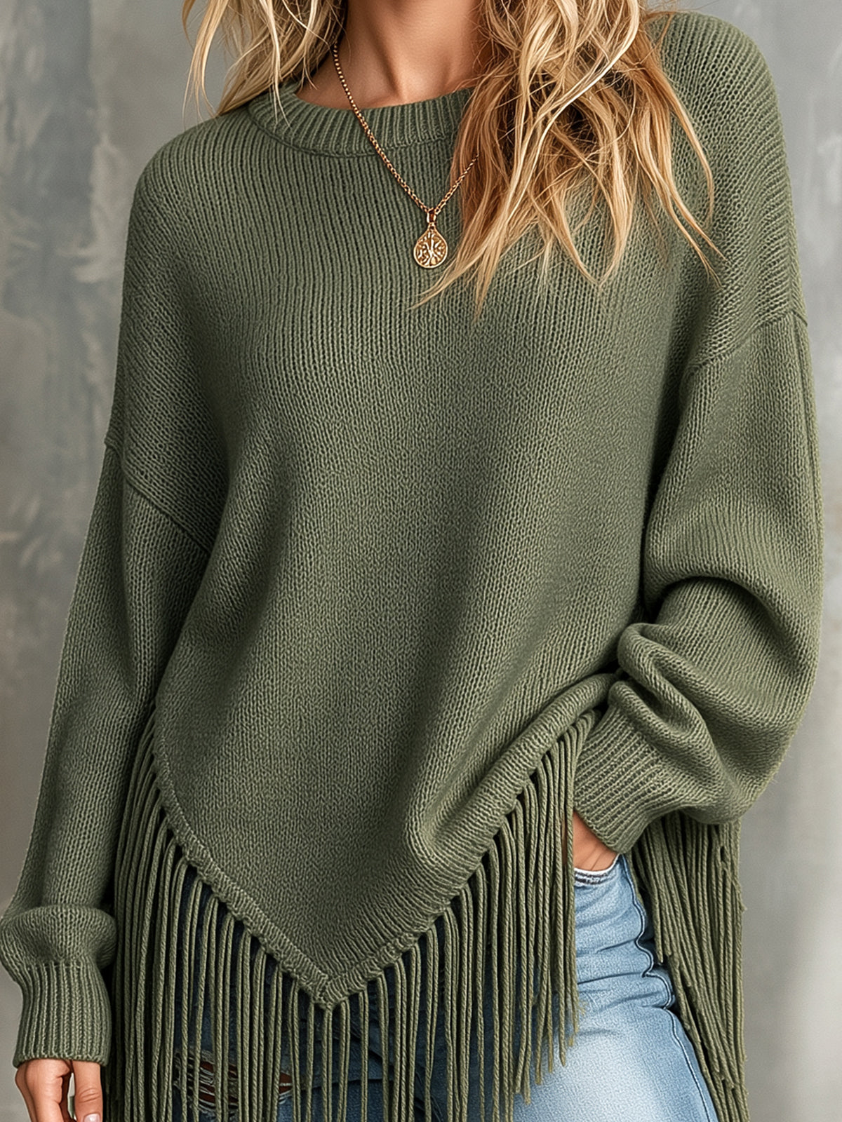 ElevenOra | Sweater tejido verde militar de mezcla de lana con flecos