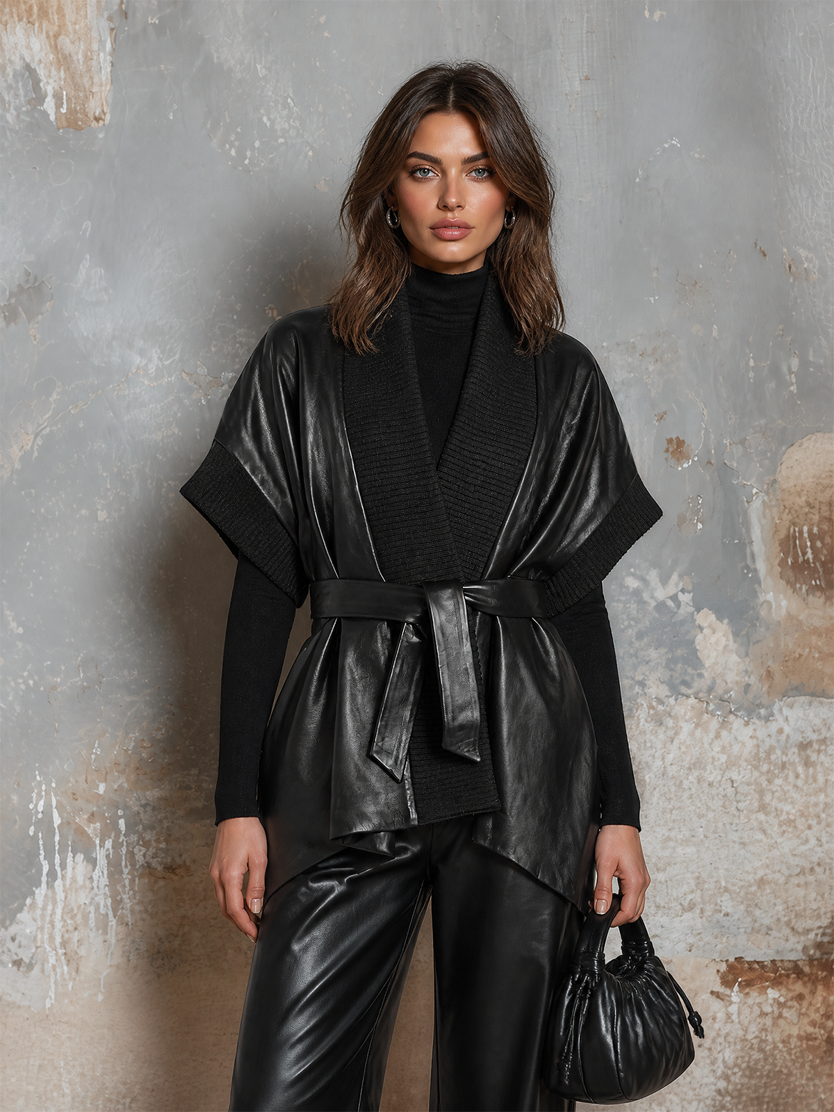 ElevenOra | Campera negra de cuero sintético con cuello chal y cinturón