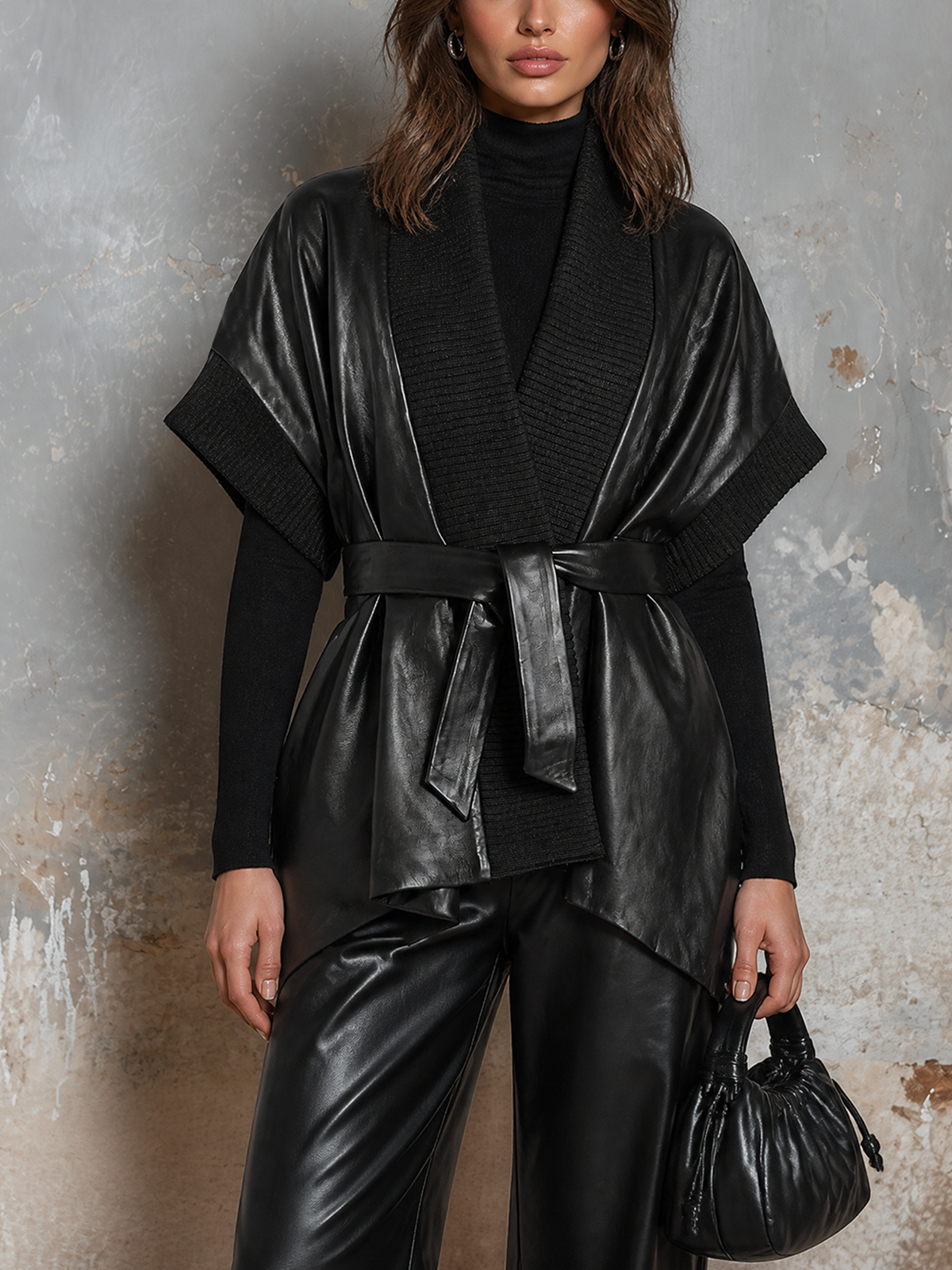 ElevenOra | Campera negra de cuero sintético con cuello chal y cinturón